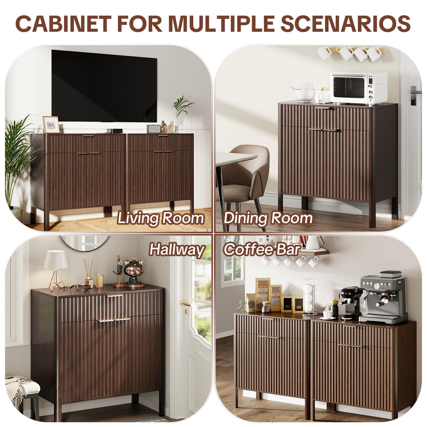 Fluted Buffet Cabinet with Storage - Modern Sideboard Accent Credenza with Doors & Drawer Wood Console Coffee Table Bar Counter for Living Room Kitchen Dining Room Entryway, Easy Assembly 31" Walnut