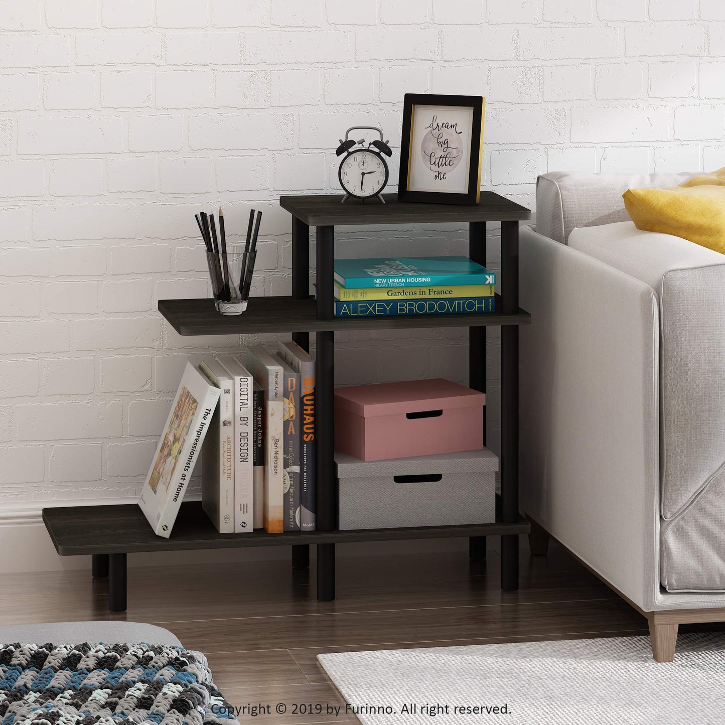 Furinno Turn-N-Tube 3-Tier Sofa Side Table, Espresso/Black, 31.5 in x 11.61 in x 25.63 in