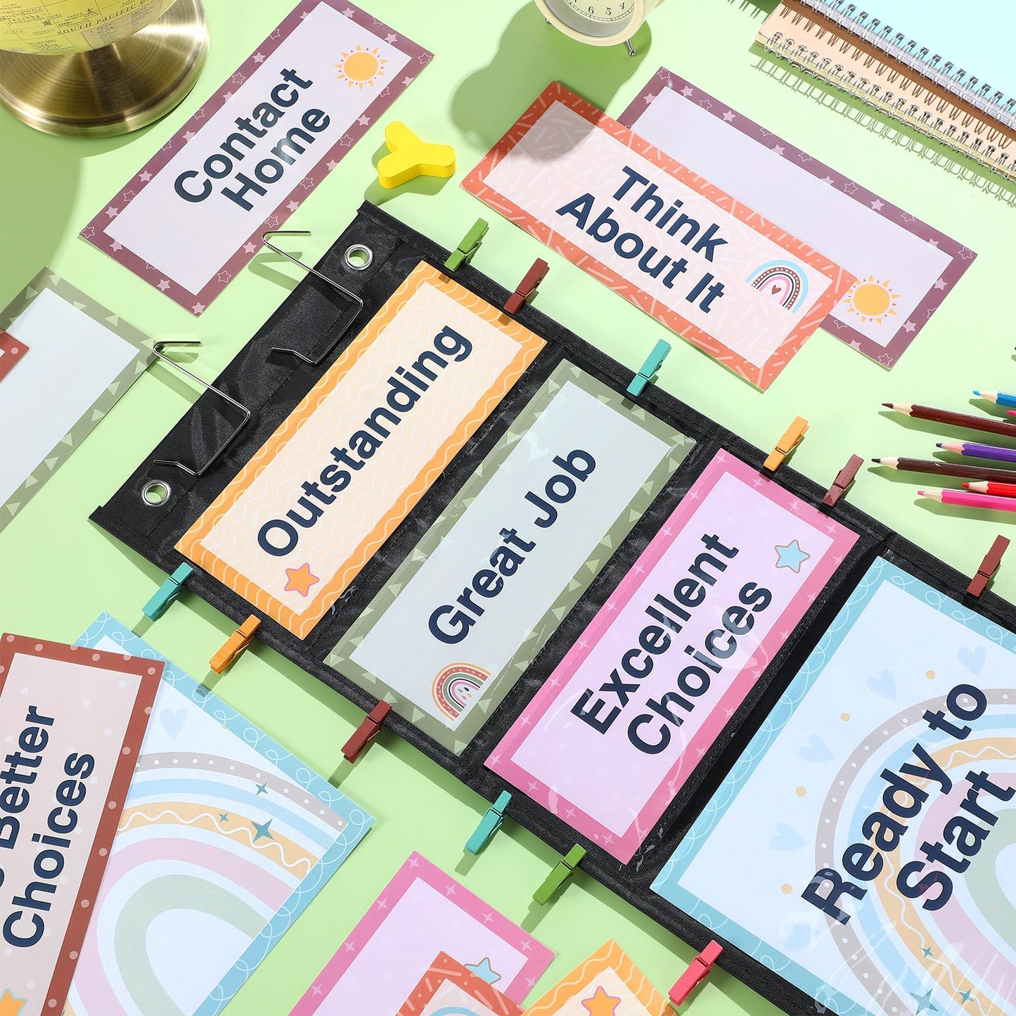 Pasimy 59 Pcs Student Behavior Clip Chart for Classroom Management Kids Track Reward Incentive Behavior Pocket Chart Boho Bulletin Board Teacher Supplies for School Office (Modern Boho)