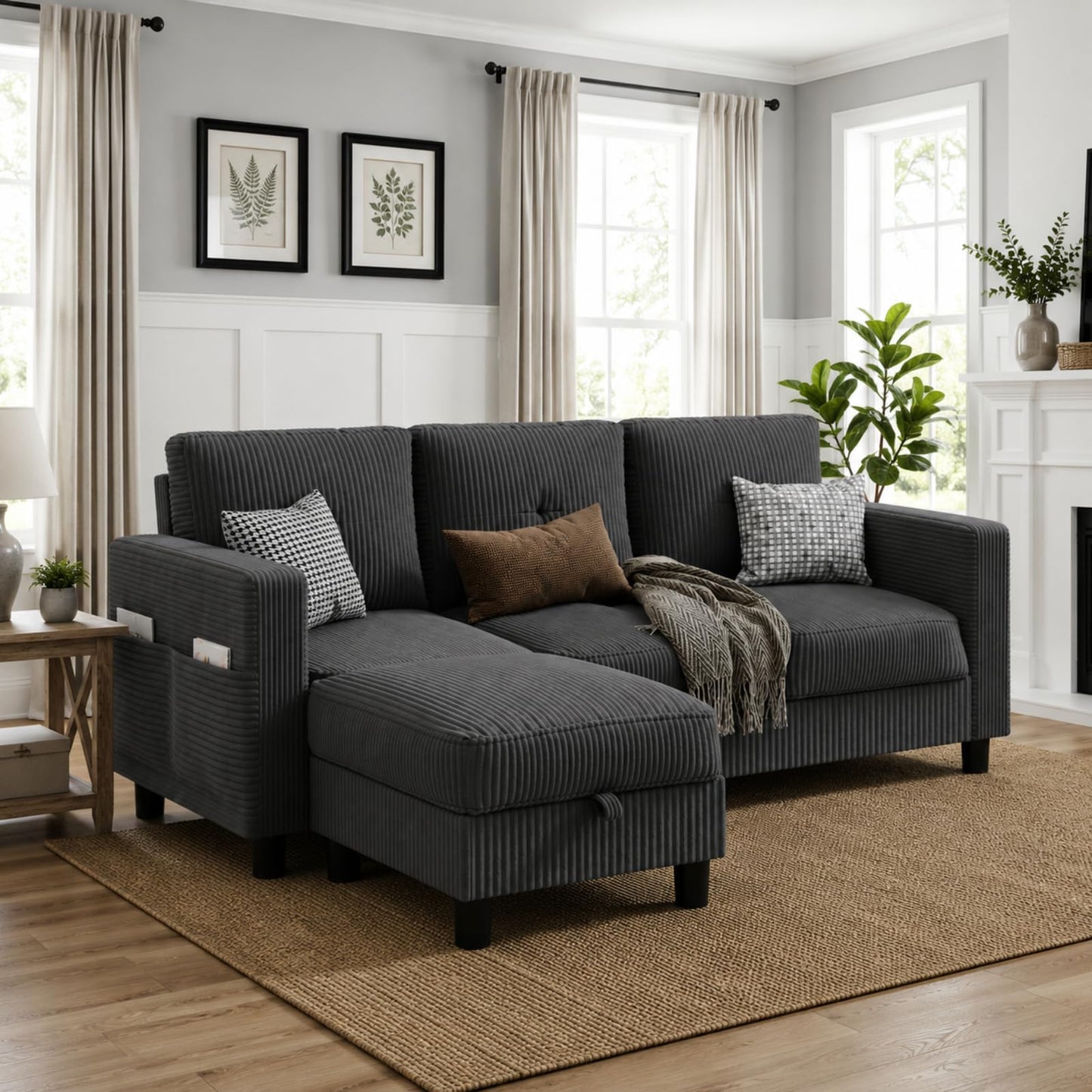Convertible Sectional Sofa with Storage Ottoman, 77” L-Shaped 3-Seat Couch with Skin-Friendly Corduroy Fabric, Reversible Small Sectional for Small Space, Apartment, Living Room and Office(Dark Grey)