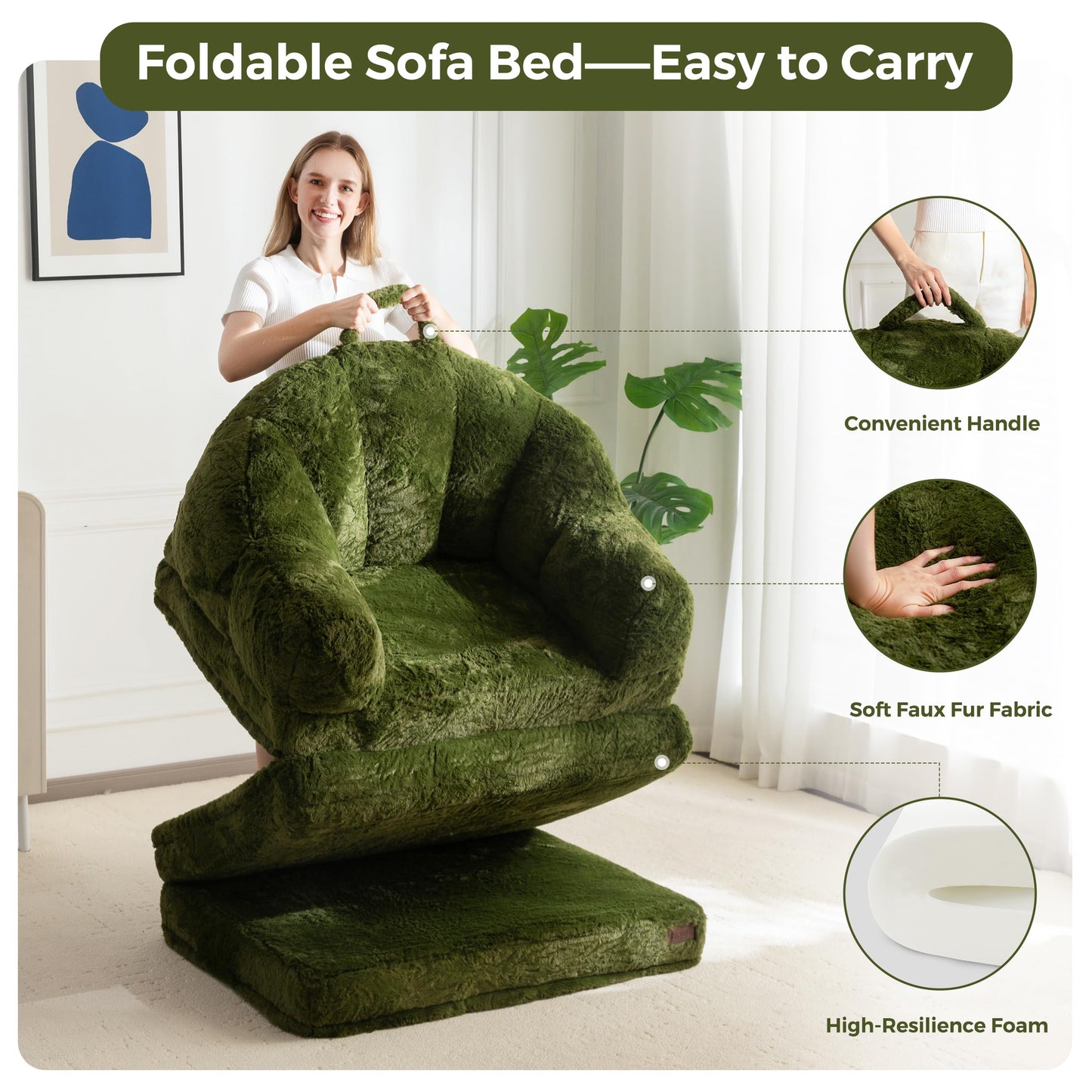 MAXYOYO Folding Sofa Bed, 2 in 1 Convertible Sofa to Lounger Comfy Single Bean Bag Chair for Adults, Floor Couch with Handle, Faux Fur Couch Bed for Living Room Bedroom, Green