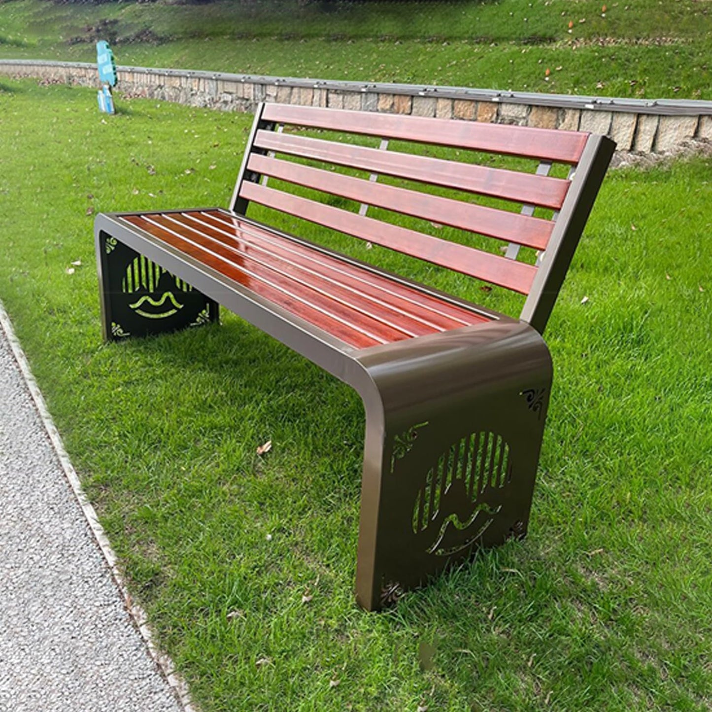 This Outdoor Patio Garden Bench, 180cm Steel Frame Park Slats Bench with Backrest, Perfect for Lawn, Balcony, Porch, and Backyard Seating
