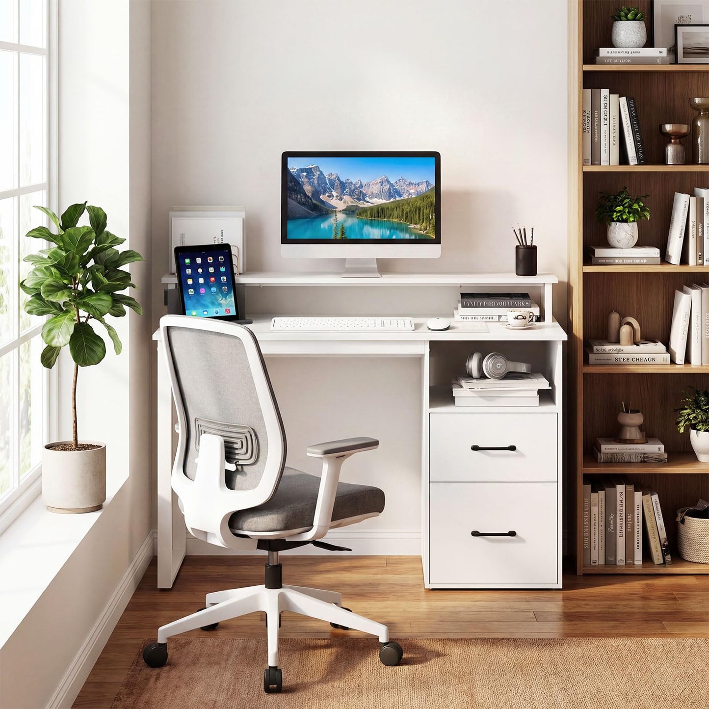 Tangkula Computer Desk with Storage Drawers & Shelves, 48" Home Office Desk with Monitor Stand & Power Outlets, Modern Study Work Writing Table, PC Laptop Desk for Small Spaces, Bedroom, White