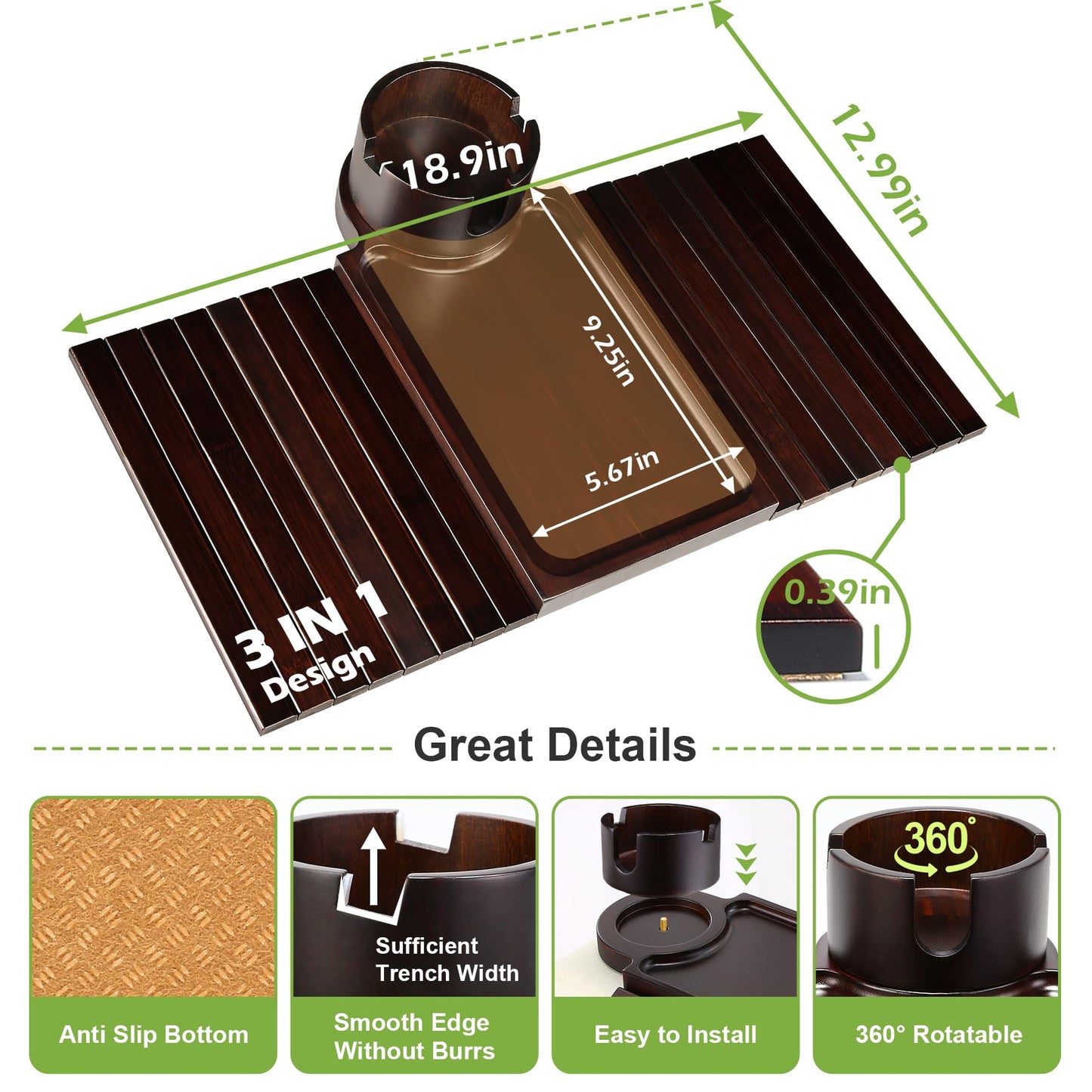 aisongdong Couch Cup Holder Tray - 3 in 1 Couch Arm Table with 360° Rotating Phone Holder, Foldable Sofa Arm Tray for Drink Table, Snacks Table,Hold Cellphone Remote or Books