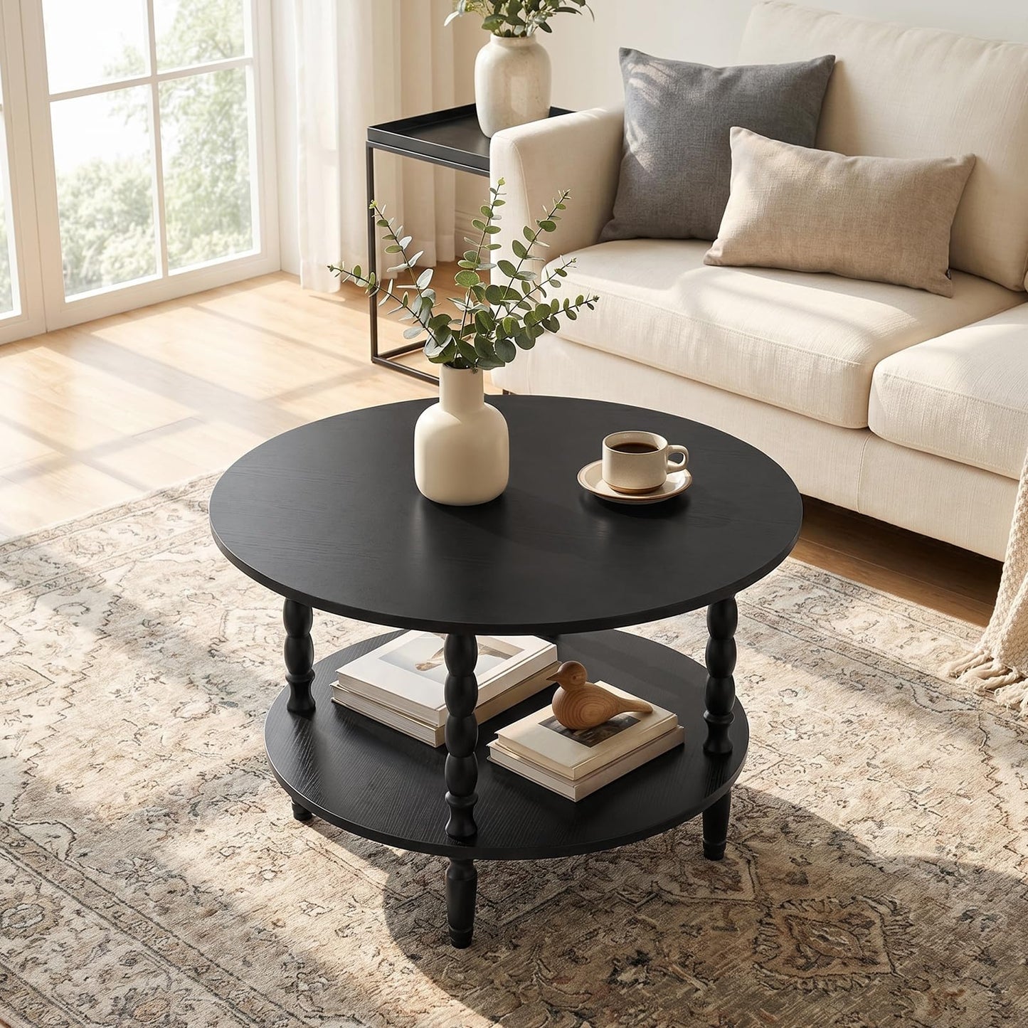 HOOBRO Coffee Table, 2-Tier Round Coffee Table, Mid-Century Modern Coffee Table for Living Room, Center Table with 2-Tier Open Storage Shelf, Home Office, Black BK75KF01