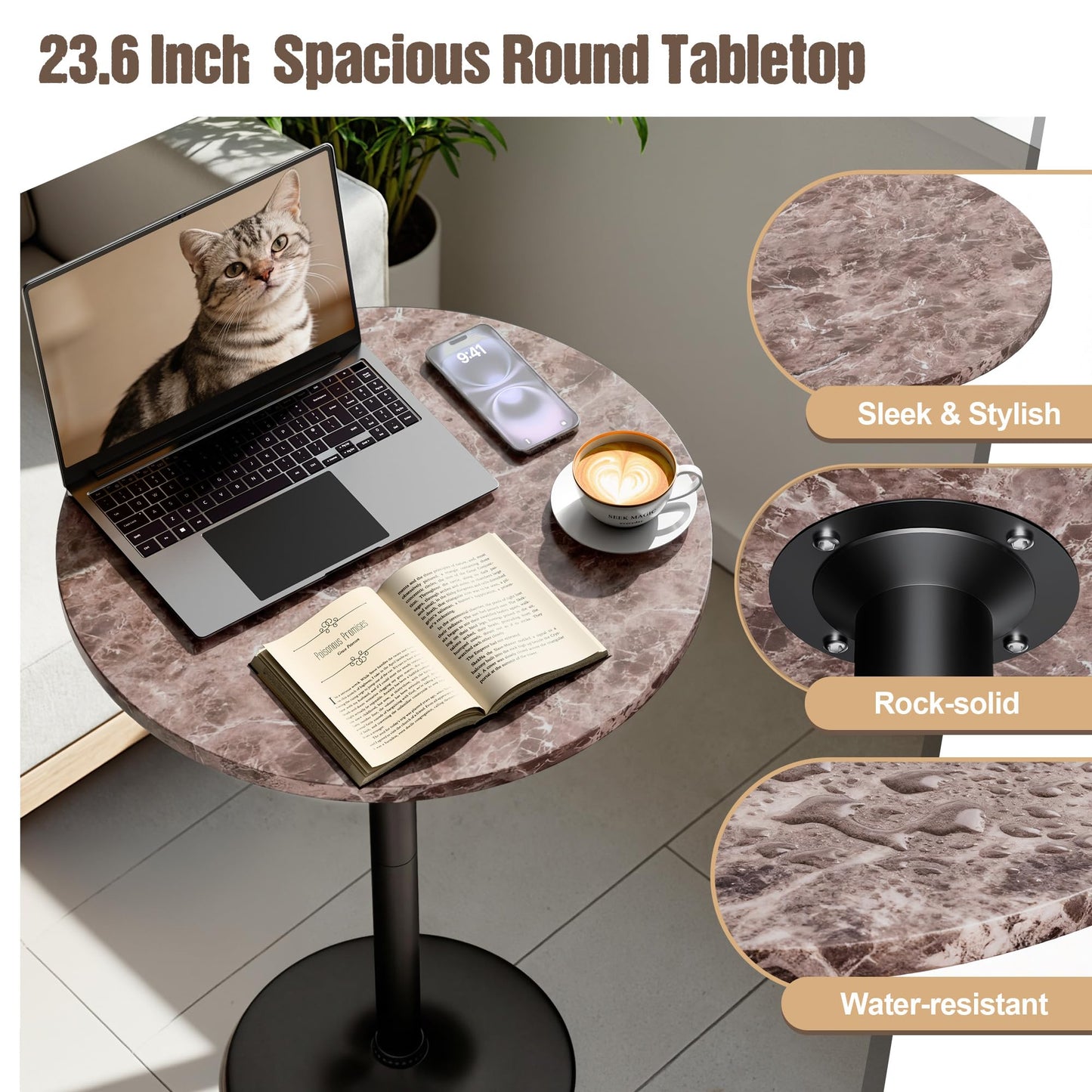 Furmax Bistro Pub Table Round Bar Height Cocktail Table for Home Bar, Round Bar Tables for Party, Dining Room, Living Room and Wedding, Metal Base MDF Top Obsidian, 40.6 Inch Height (1, Faux Marble)