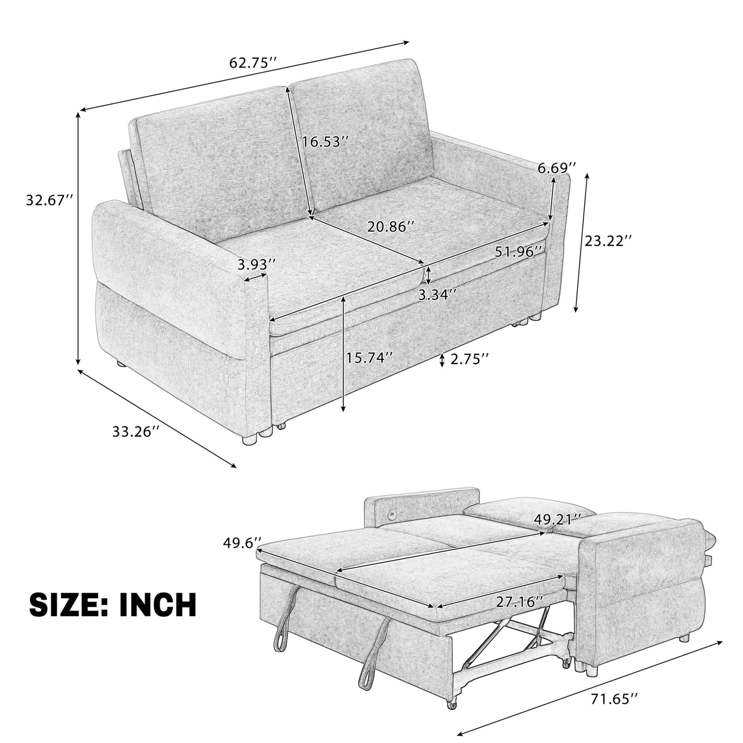 Eafurn 3 in 1 Convertible Sofa Bed Pull Out Sleeper Couch Bed - Modern Futon Loveseat Sleeper Sofa with Adjustable Reclining Backrest & USB Ports for Living Room, Chenille Fabric