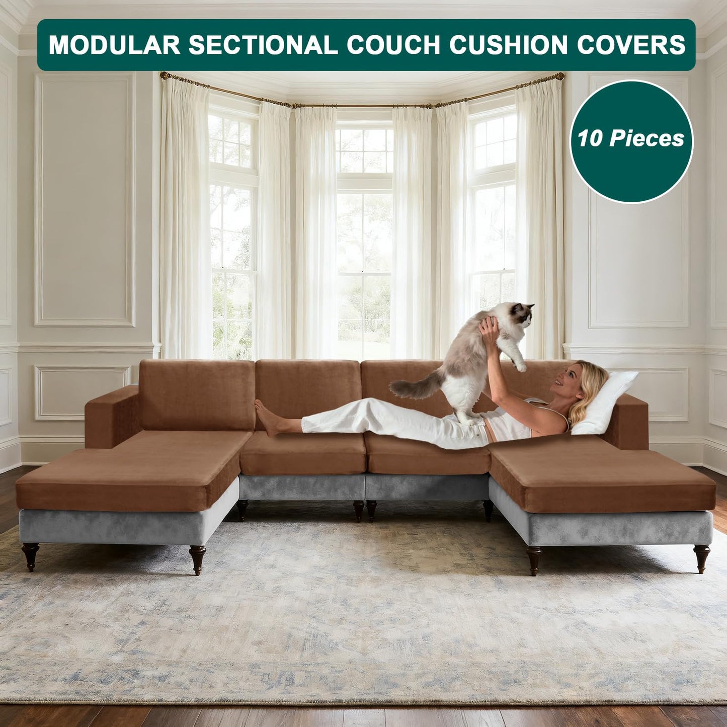 10 Pieces Sofa Cushion Covers for U-Shaped Modular Sectional Couch with 4 Seat+4 Back+2 Arms, Stretch Velvet Upholstered Covers for Sofa Bed with Deep Double Chaise (Bronze,Universal (10 Pieces))