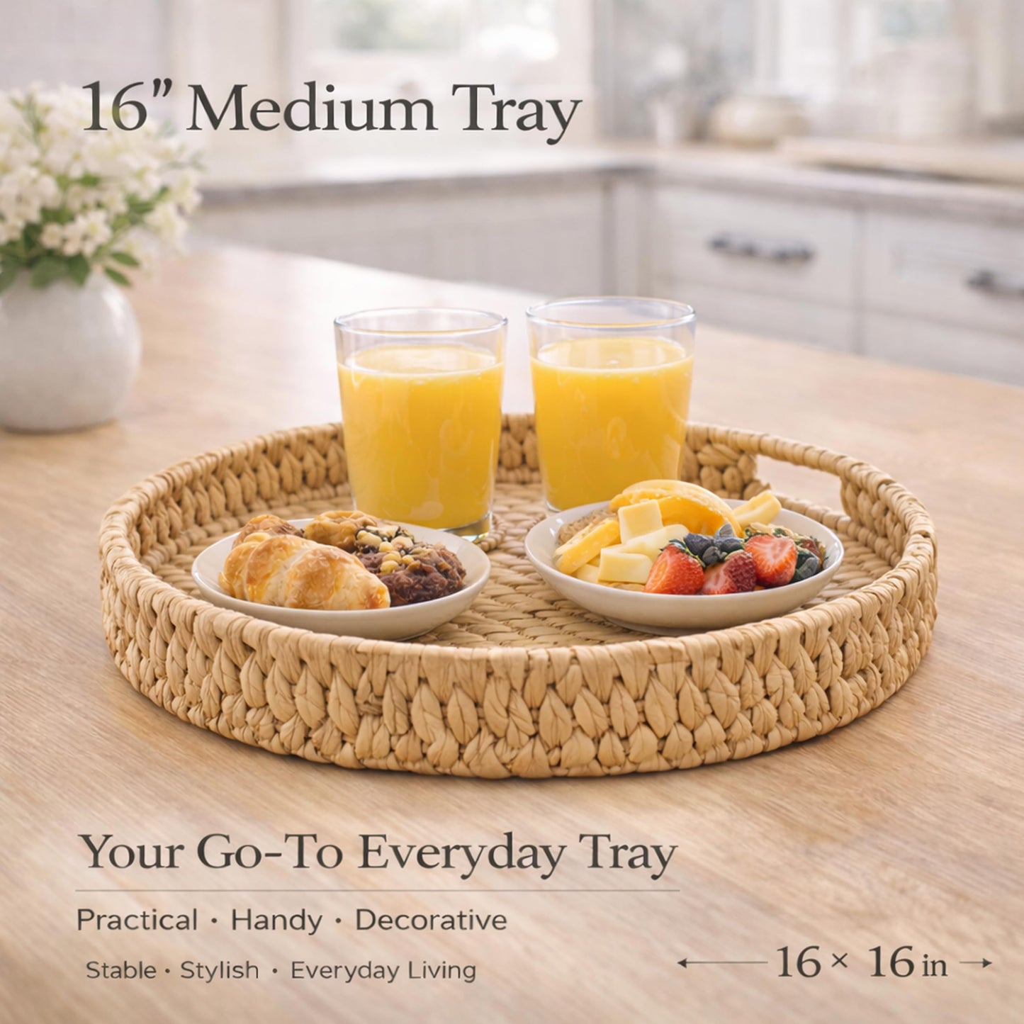 Extra Large Round Ottoman Tray Set of 3 (20", 16", 10")–Water Hyacinth Rattan Wicker Coffee Table Tray with Handles, Oversized Serving Tray for Kitchen Island, Dining Table, Entryway, Bedroom Decor