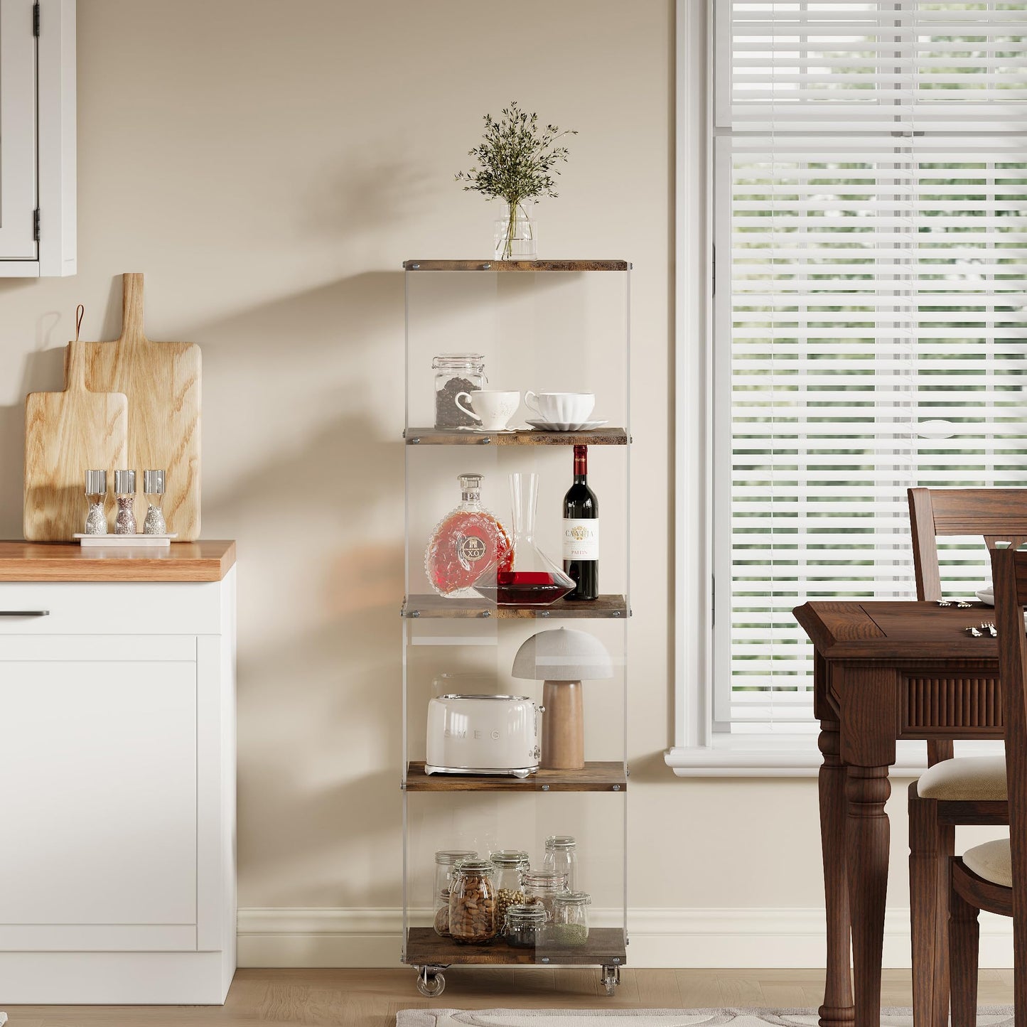 Sttoraboks 4 Tier Display Cabinet, Bookshelf, Bookcase, Display Shelf with Wheels, Floor Standing Curio Cabinet, Book Shelf with Acrylic and Wood, Display Case Trophy Case for Living Room Study