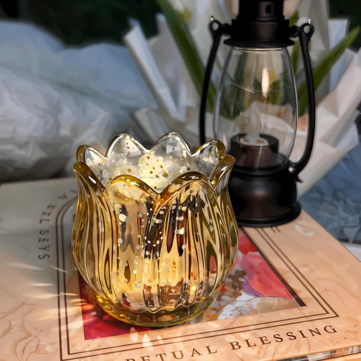 VIVAHEARTH Tulip Votive Candle Holders Set of 6, Tea Light Candle Holder Glass for Table Centerpiece, Tealight Candle Holders for Wedding Déco, Birthday, Anniversary, Parties, and Holiday (Glod)