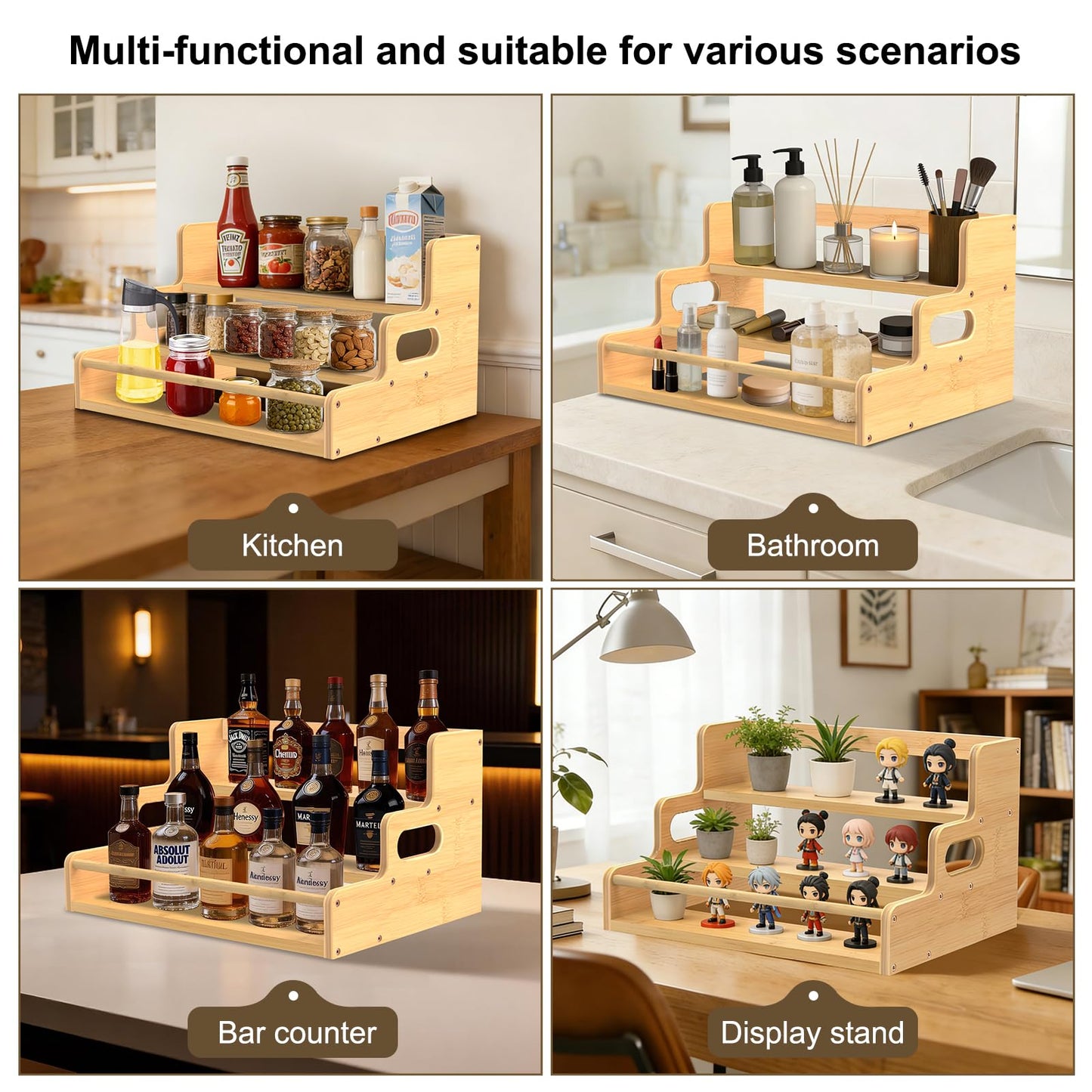 Aiowhy Bamboo Liquor Bottle Display Shelf, 3 Step Countertop Wine Rack, Bar Bottle Stand with Handles & Guardrail, Retro Mini Display Rack for Syrup, Wine, Dressing, Home Kitchen Cafe, Natural