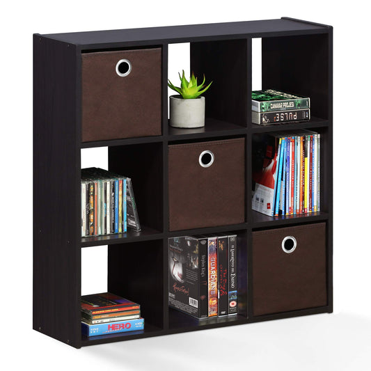 Furinno Simplistic 9-Cube Organizer with Bins, Small Size (Assembled Unit Dimensions : 7.9"D x 26.5"W x 26.7"H Inches), Dark Walnut