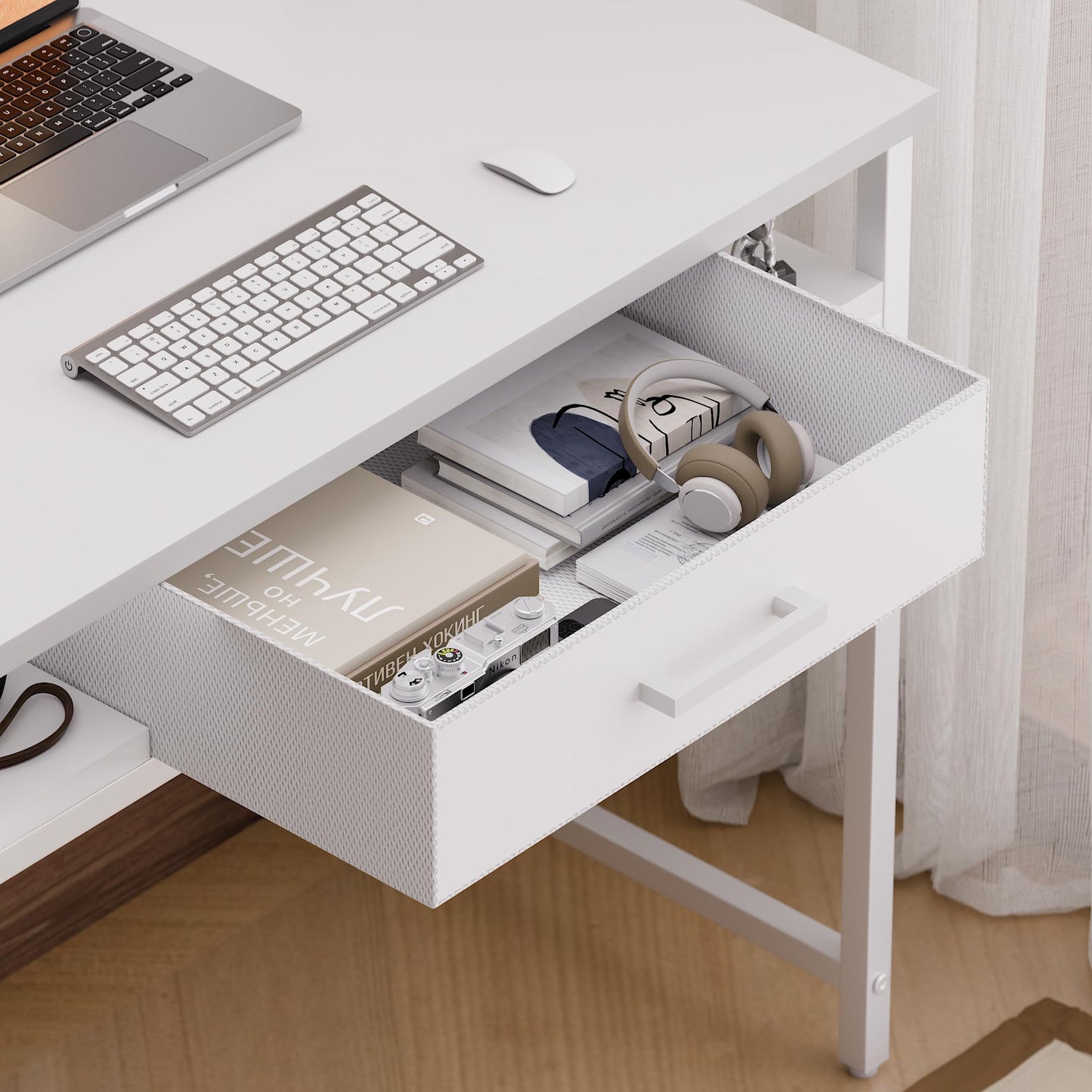 Pamray 32 Inch Small Computer Desk with Drawer and Shelves Simple Study Work Table for Bedroom White