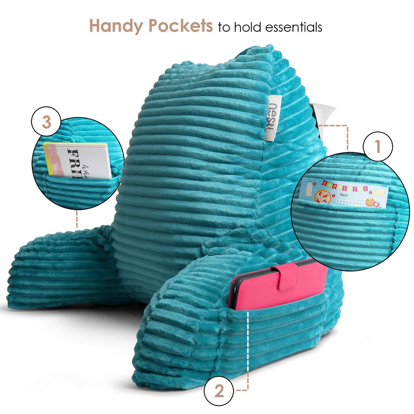 Hearth & Harbor Reading Pillow for Bed Adult – Back Pillow for Sitting in Bed, Standard Bed Pillows for Sitting Up in Bed, Foam Bed Chair Pillow, Teal Bed Rest Pillow
