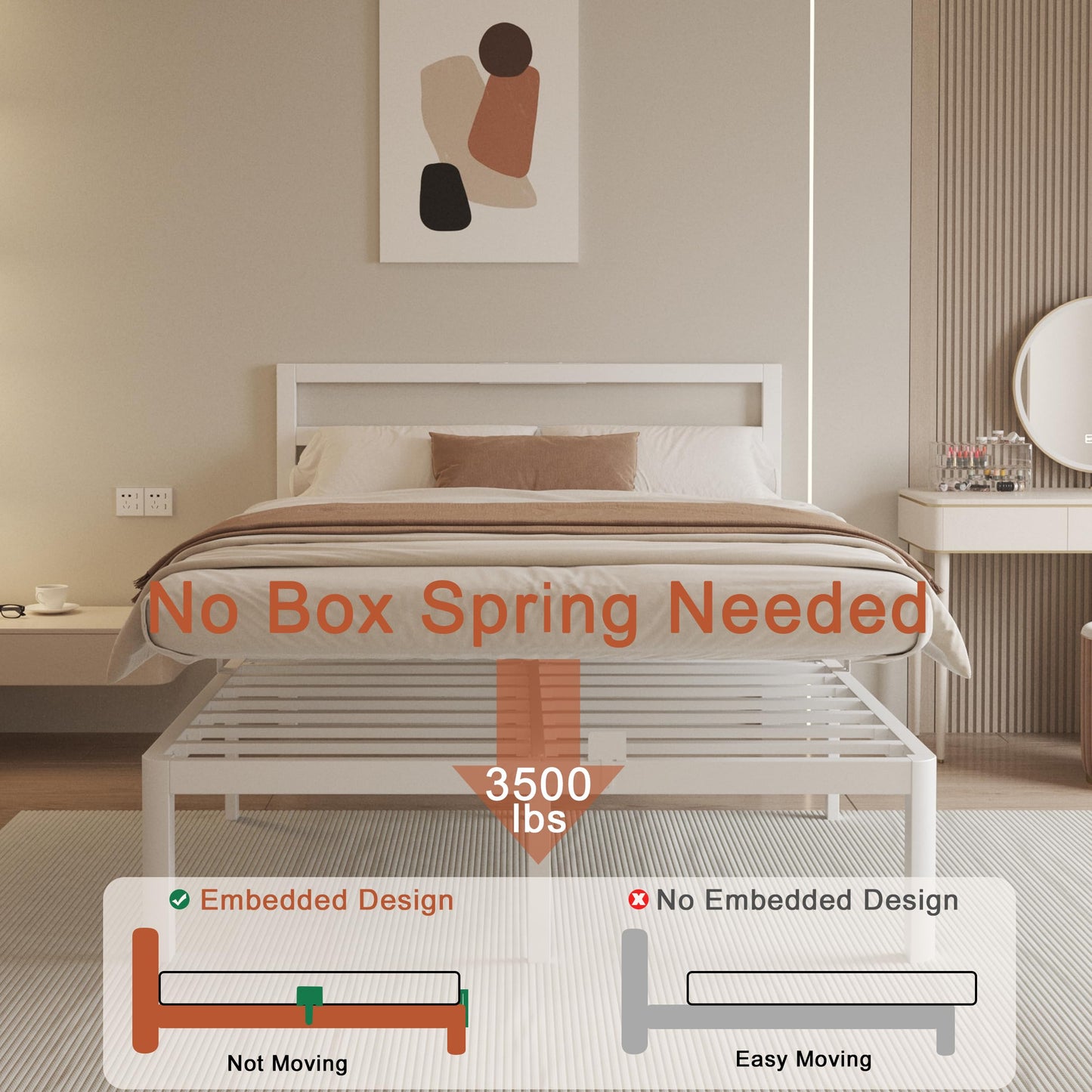 ZKQ 14 Inch Full Bed Frame with Headboard, White Metal Full Size Bed Frame, No Box Spring Need, Anti-Slip Gaskets, Noise-Free, Heavy Duty Steel Platform Support, Easy Assembly