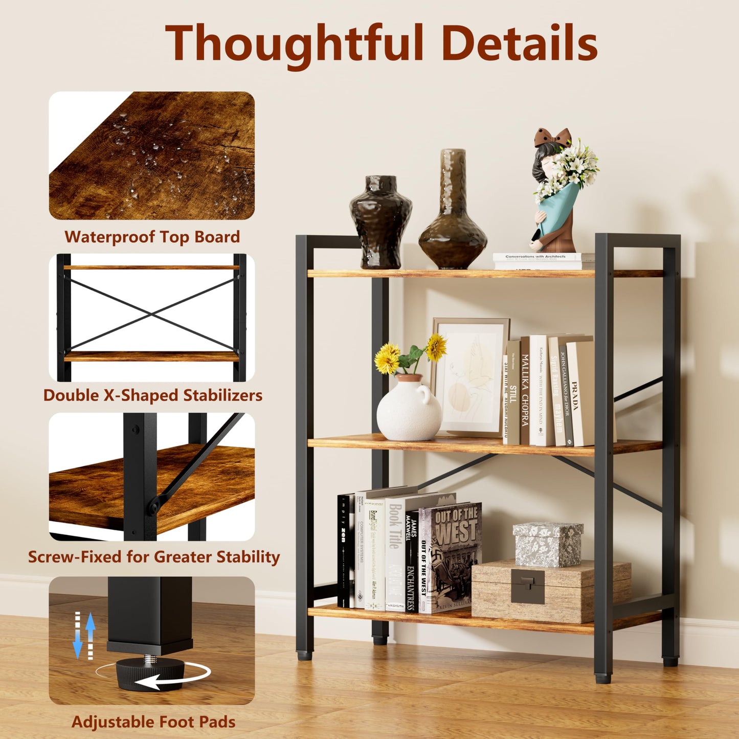NewBeth 3 Tier Bookshelf,Storage Shelf with Steel Frame,Free Standing Open Book Shelves Storage Display Shelf