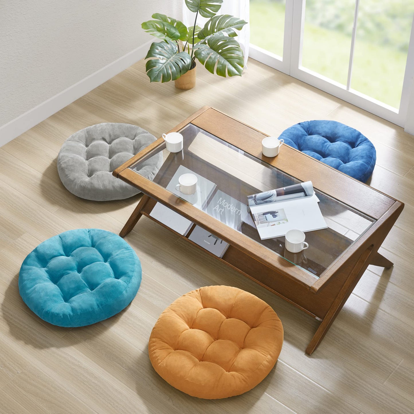 Degrees of Comfort Floor Cushion 6 Pack for Meditation, Home Office & Dorm – Corduroy Soft Seating Set, 22 Inch, High-Density Foam, Round Shape, Navy