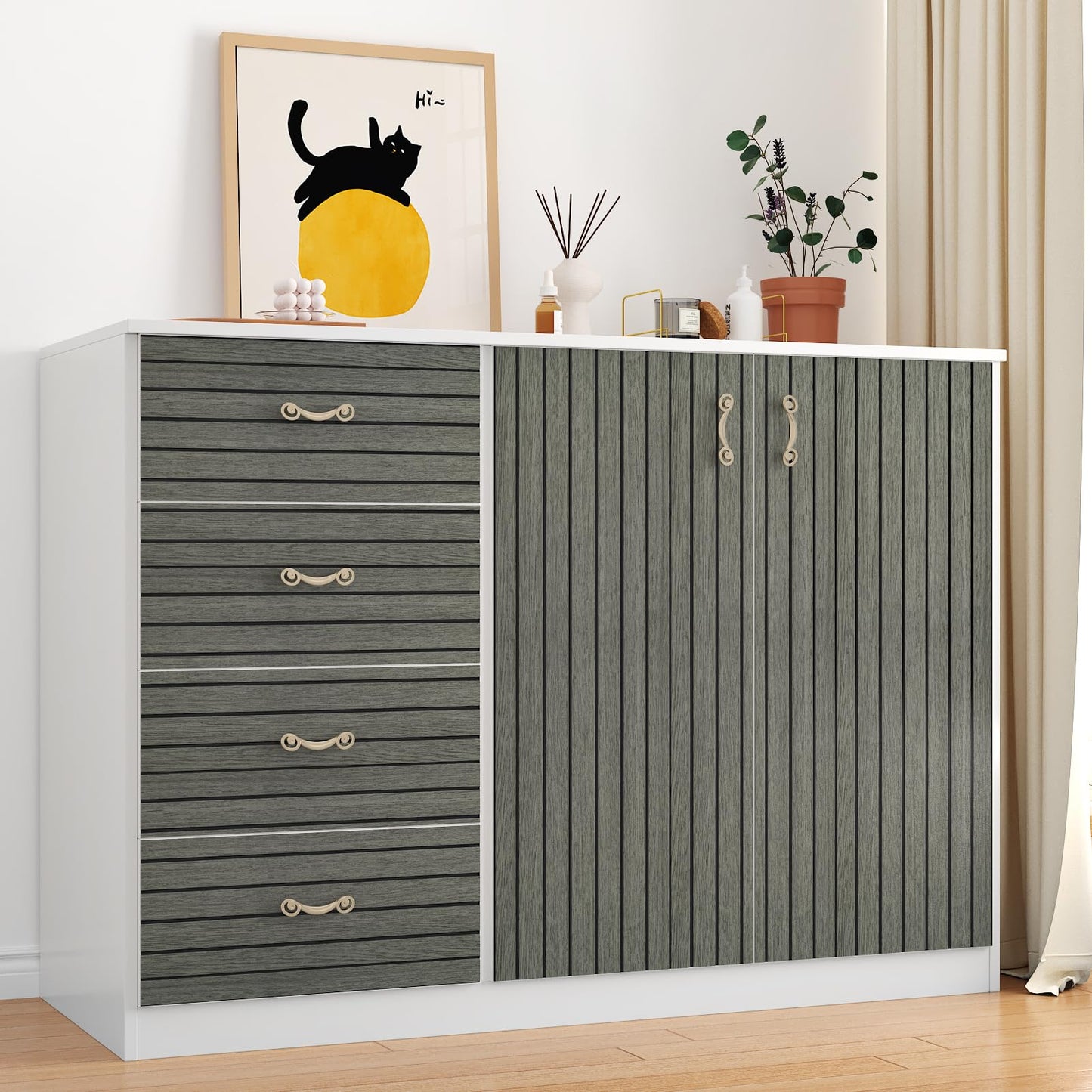 Skyblur Grey/Black Wood Slat Wall Panels for Interior Wall Decor PVC 3D Peel and Stick Wood Panels Textured Self Adhesive Removable Wooden Wallpaper for Bedroom Entrance Stick on Walls 11.8 x 118 in