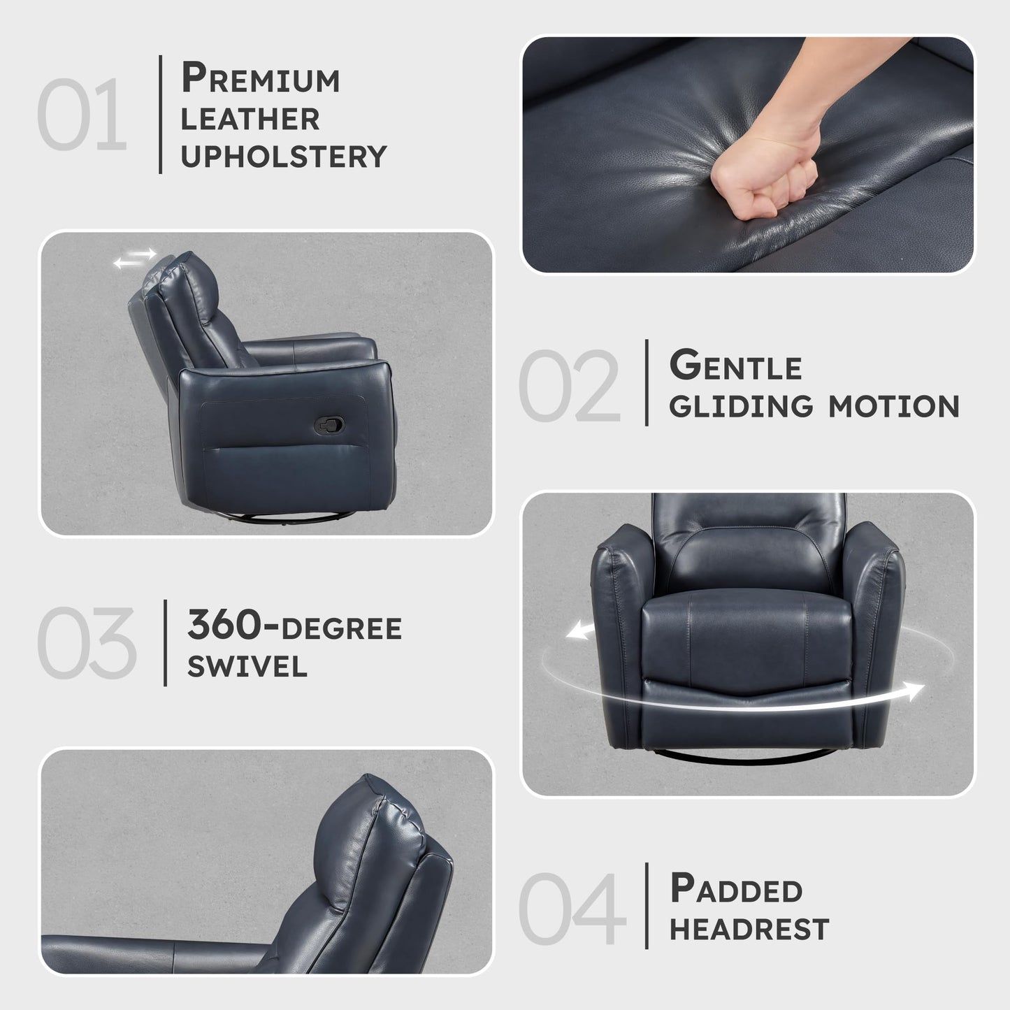Lexicon Swivel Glider Reclining Chair, Top Grain Leather Match Manual Recliner, Comfy Nursery Glider Recliner, Swivel Reclining Chair for Living Room/Office/Bedroom/Apartment, Dark Blue