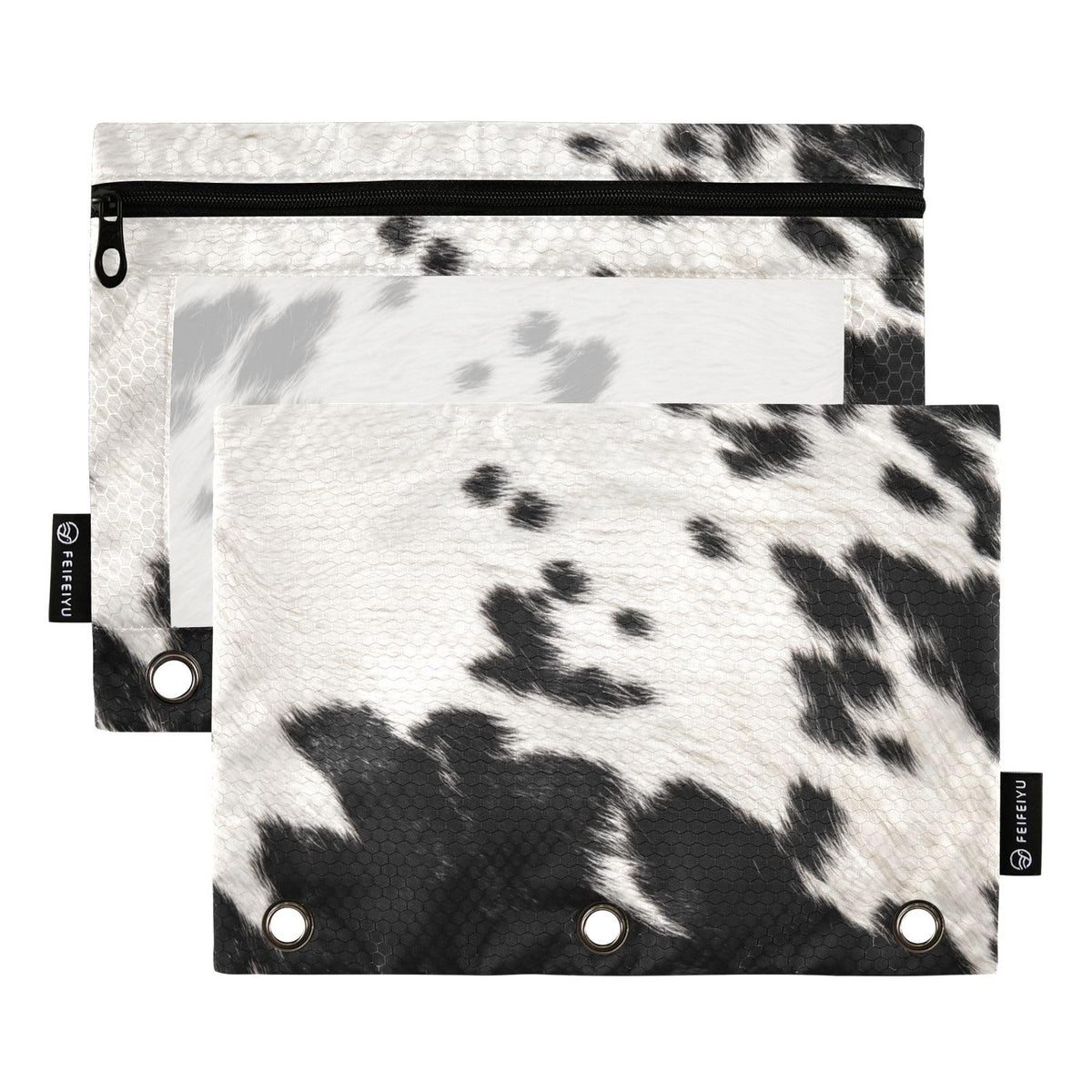 Coikll Cow Skin Print Pencil Pouch Fits Standard 3-Ring Binders, Zipper Binder Pencil Bag with Clear Window for Class Office 2 Pack