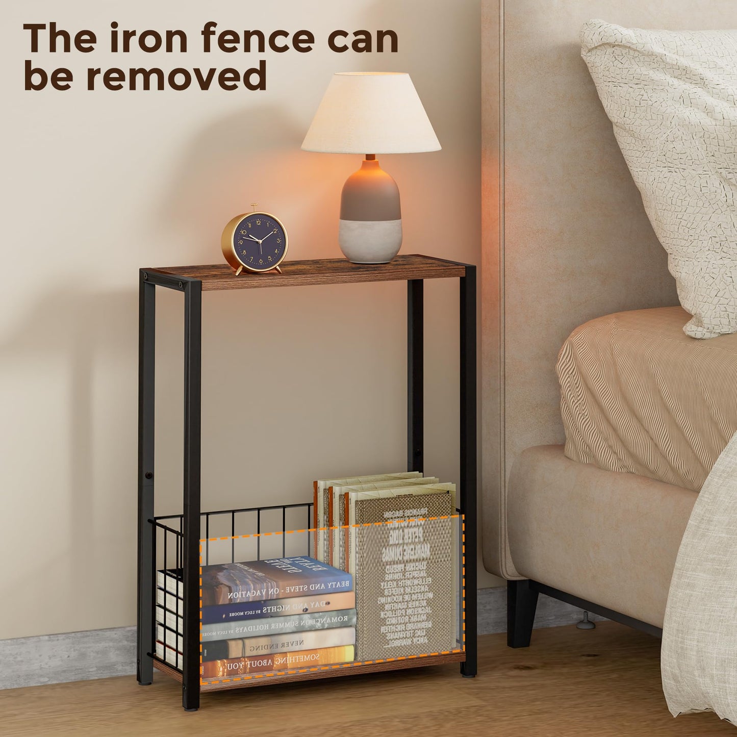 Homleke Narrow Side Table with Magazine Holder, Skinny End Table Perfect for Small Spaces, Space-Saving Design for Living Room, Bedroom, or Office, 7.1" D x 16.9" W x 23.6" H, Rustic Brown