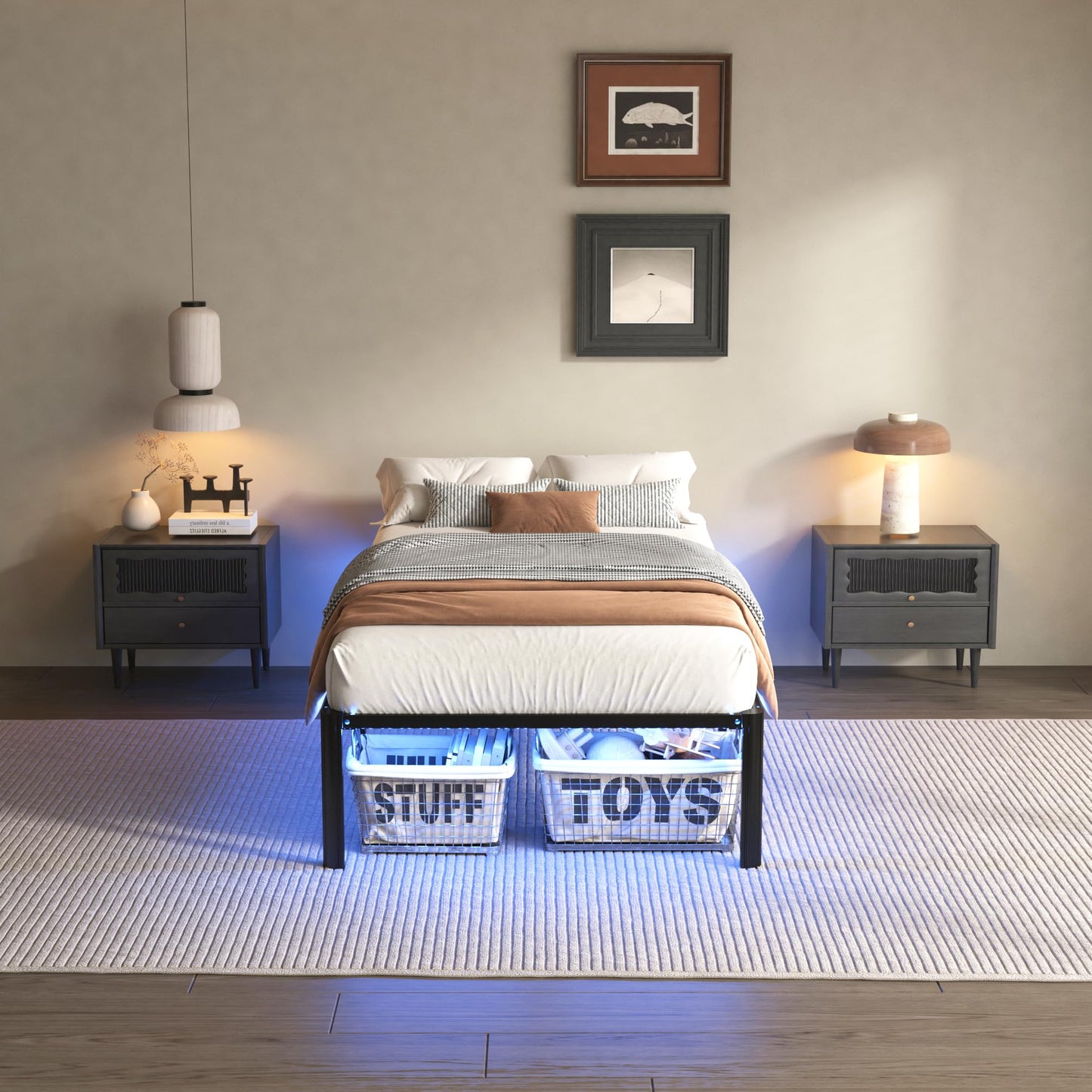 DORITRON Twin Bed Frame with Led Lights, 14 inch Heavy Duty Metal Platform Bed Frame Twin Size with Charging Station, No Box Spring Needed, Noise-Free