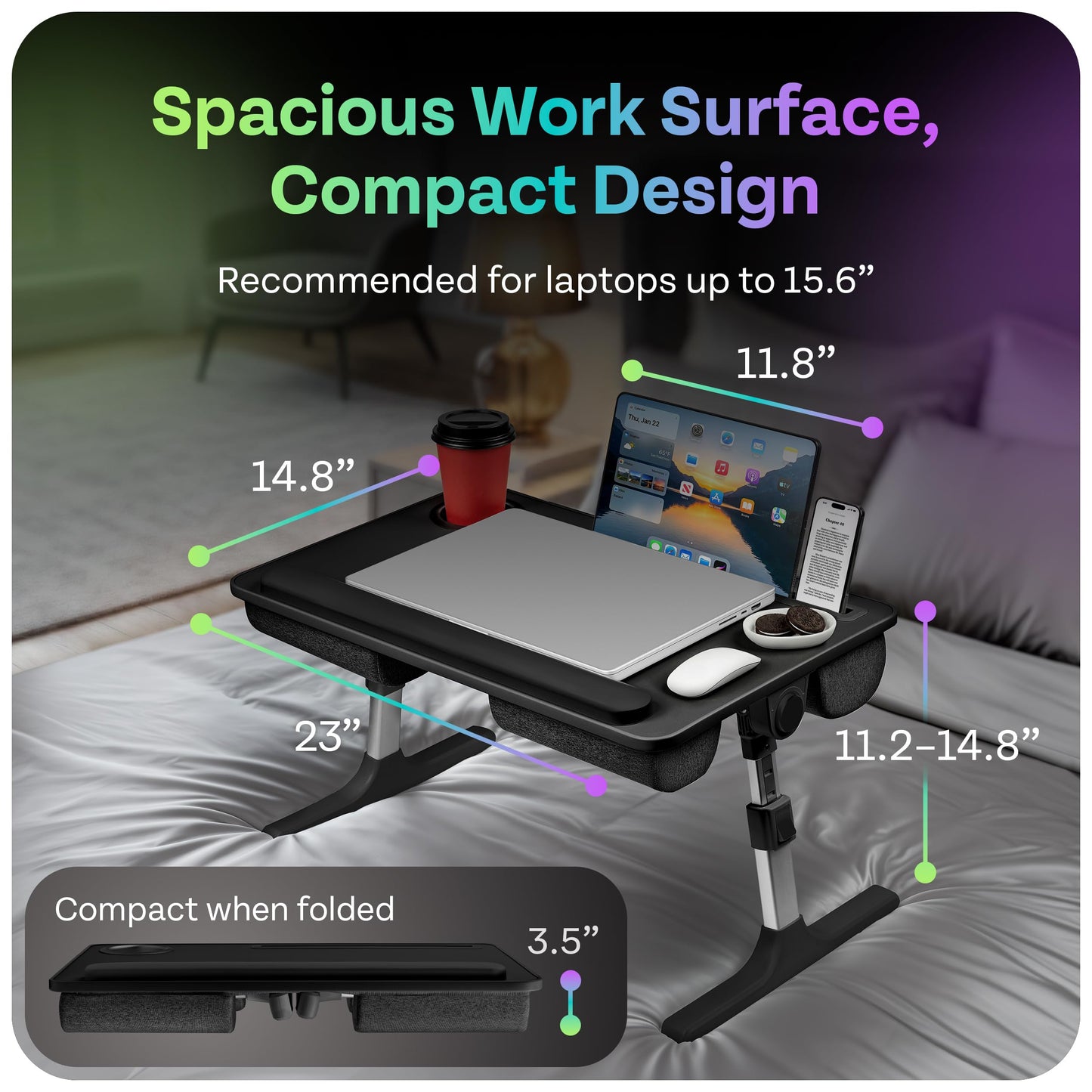 SHIRLIZ Lap Desk with Legs & Cushions: 2-in-1 Foldable Bed Desk for Adults - One-Touch Height Adjustment, Bed Table Tray Hold: up to 15.6“ Laptop, Mouse Cup Phone - Laptop Stand Desks for Bed (Black)