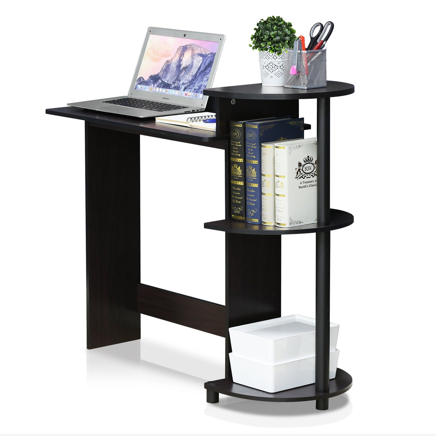 Furinno Compact 29-Inch Brown Computer Desk, Office Desk with 3 Side Shelves, Rectangular Home Office Desk, Gaming Desk for Home Office, Bedroom, Study Room, Dark Mocha