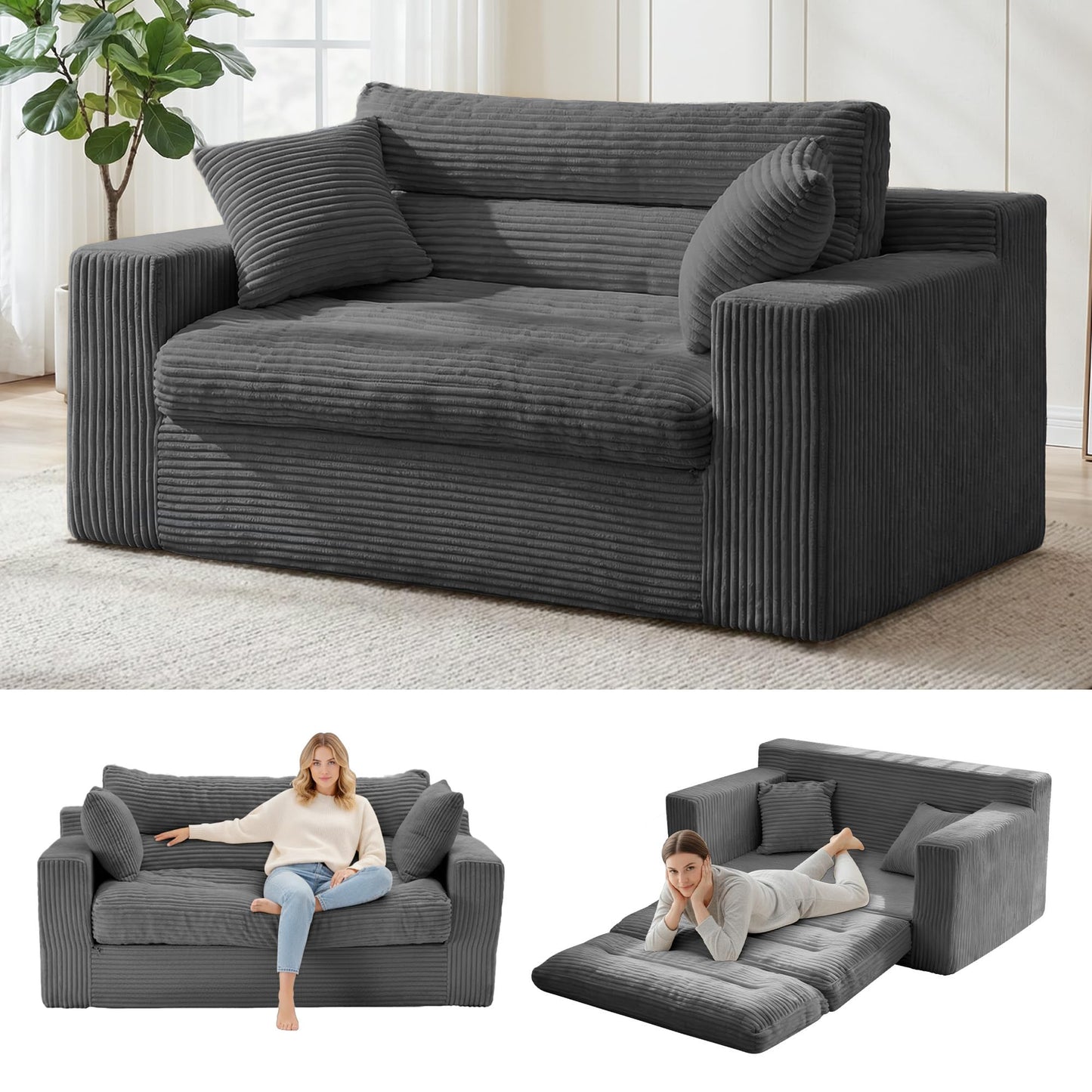 NLDD Convertible Sofa Bed, Fold Out Chair with Pillow, Versatile Floor Couch with Back Support, Portable Chair Bed Comfy Floor Lounge Sofa for Living Room Bedroom Guest Room, Grey