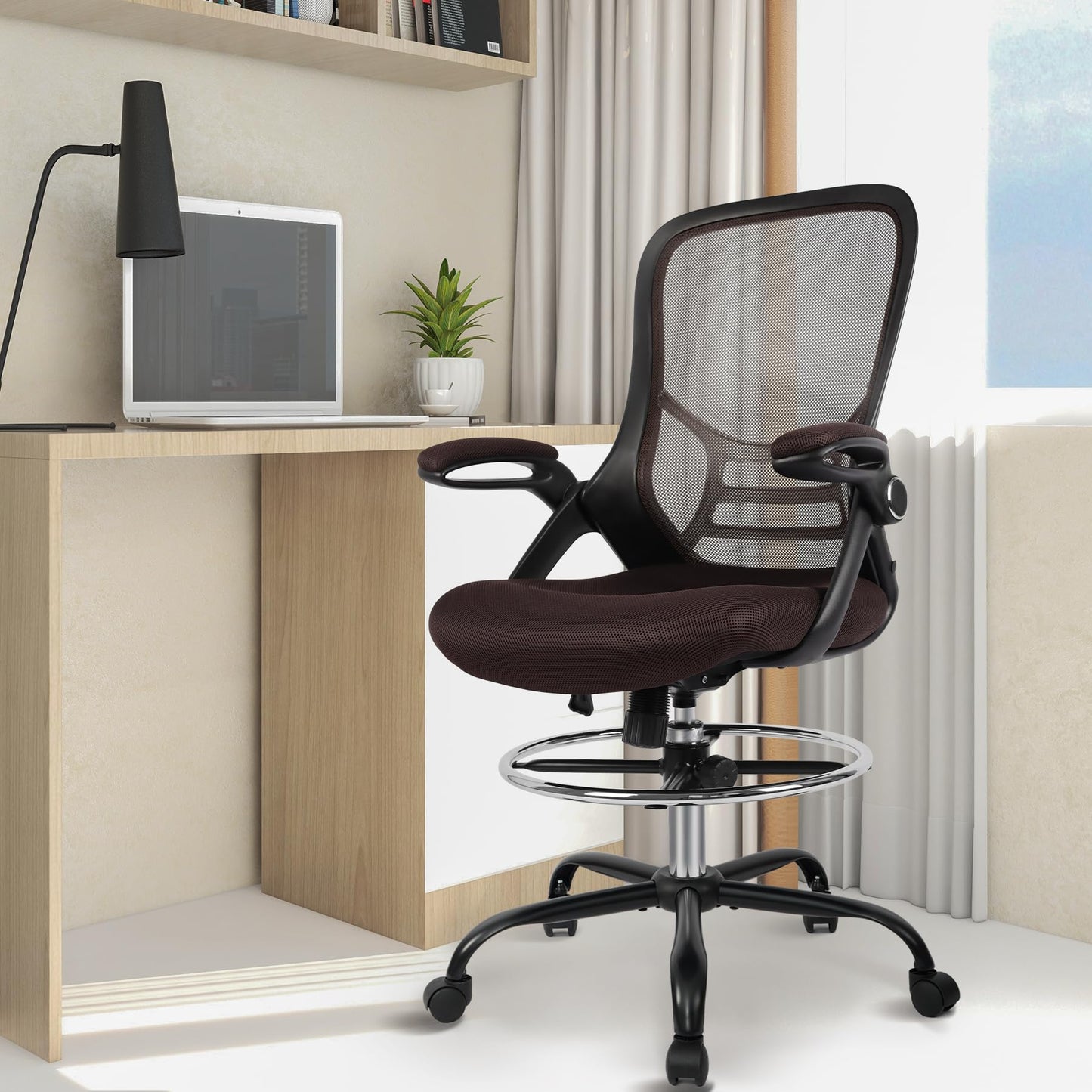 HYLONE Drafting Chair, Tall Office Chair Standing Desk Chair Brown Mesh High-Back Drafting Stool with Flip-Up Arms, Adjustable Foot Ring, Brown
