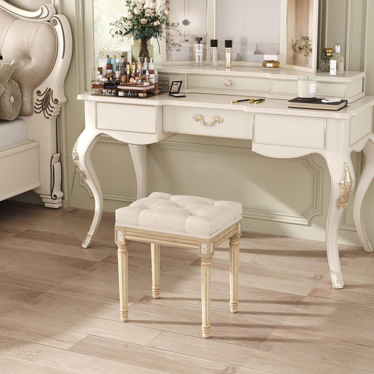 Yusong Vanity Stool Upholstered Bench Seat for Makeup Room, Vintage Small Bedroom Bench Dining Bench with Tufted Fabric for Living Room, Piano Stool with Rustic Wood, Easy Assemble,Beige