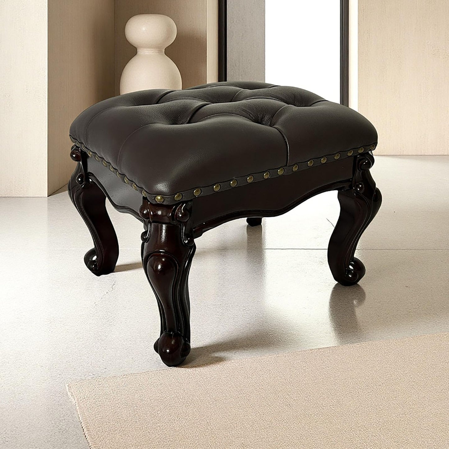 GHBRHBJ Leather Foot Stool,Vintage Footstools,Wooden Footrest,Upholstered Foot Rest for Living Room,Sofa,Entryway (Walnut)