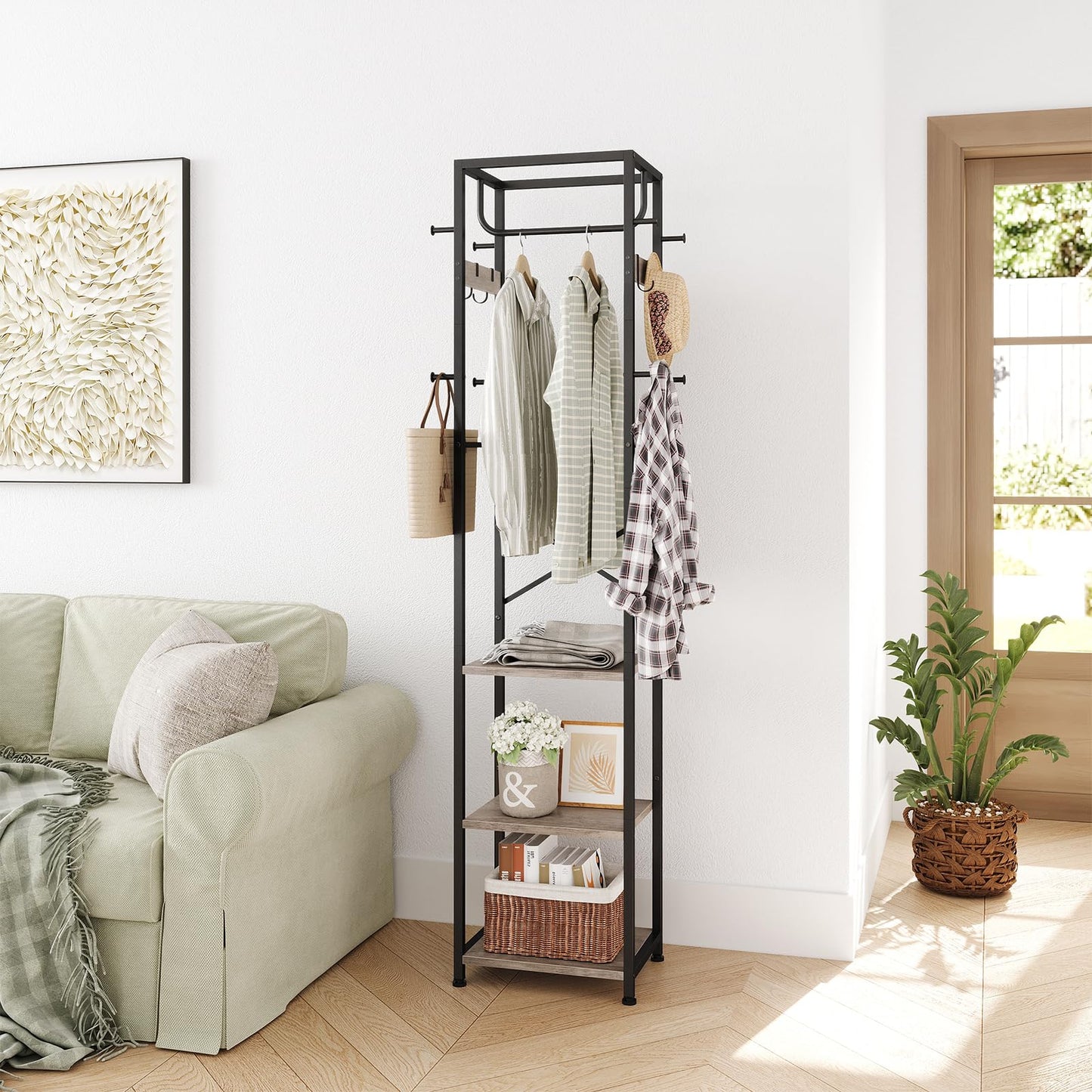 ELYKEN Coat Rack Freestanding, Hall Tree with 3 Storage Shelves and 12 Hooks, Industrial Clothes Rack Stand Organizer for Bedroom, Hallway, Entryway, Office, Living Room, Greige
