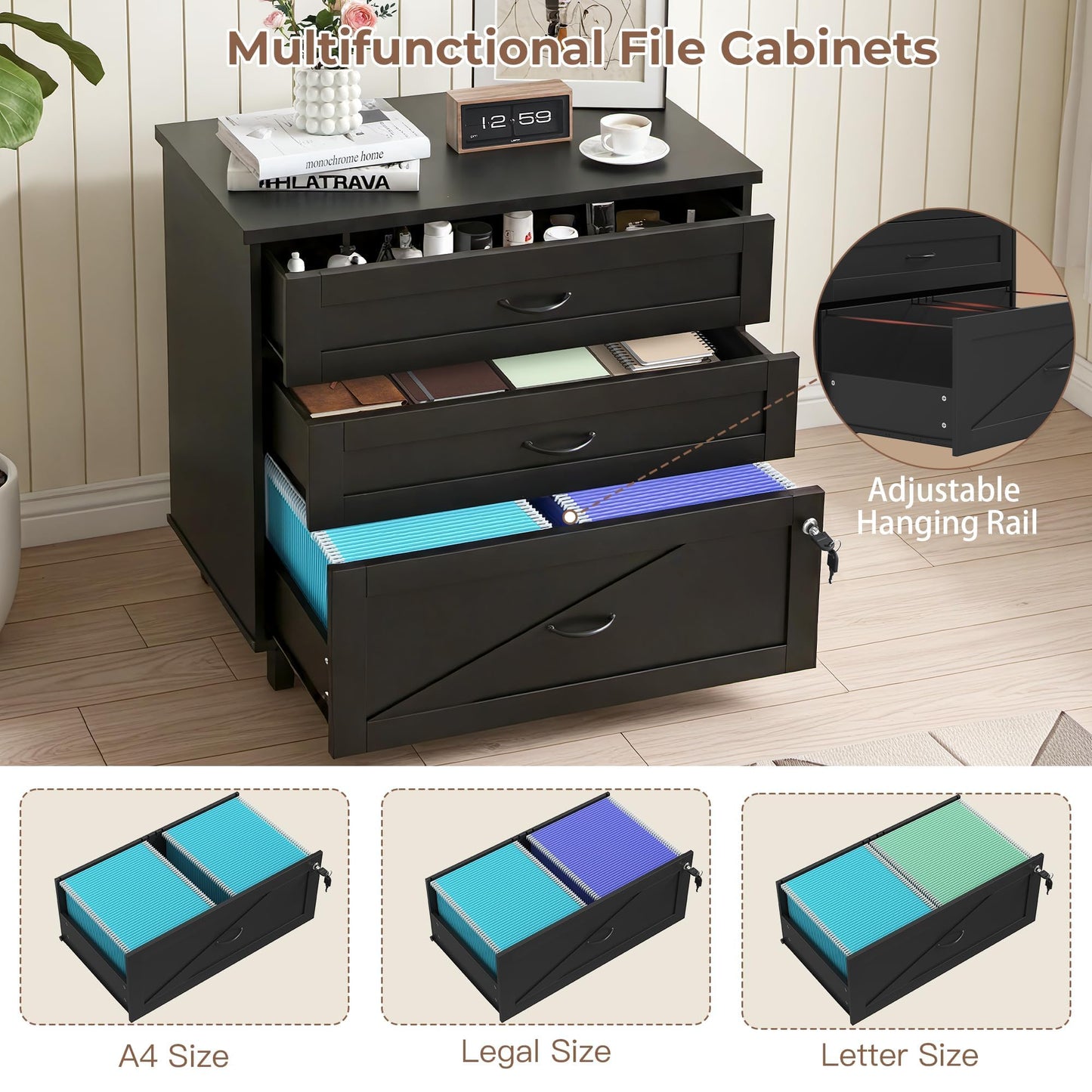 Quikraen Large Wooden File Cabinet Black 32in Lateral Filing Cabinets 3 Drawer with Hanging File Folders for A4 Letter Legal Wood Office Storage Organizer Furniture Printer Stand