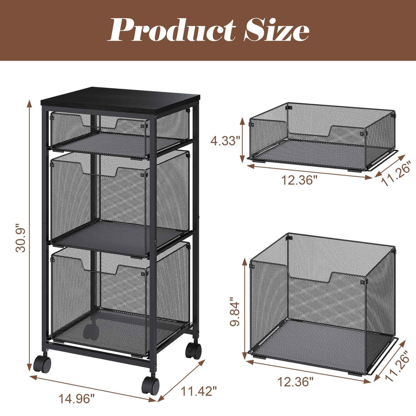 Sbanmao 3 Drawer Mobile File Cabinet for Home Office, Rolling Filing Cabinet on Lockable Wheels, Hanging File Folders Organizer, Utility Cart Storage and Organizer, Printer Stand, Black