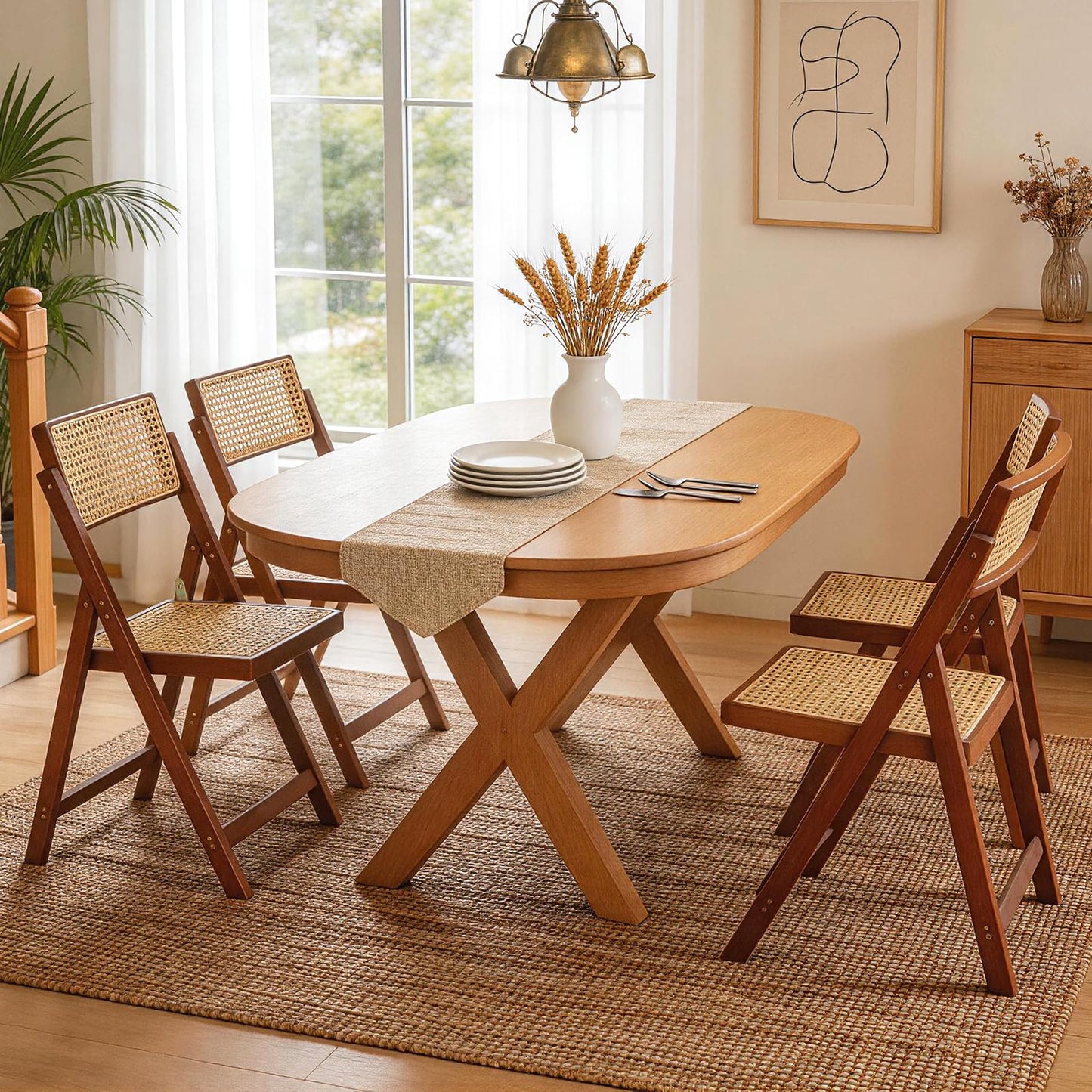 Rattan Dining Chairs,Mid-Century Modern Style Patio Dining Chairs,Rattan Dining Chairs with Adjustable Backrest,Natural Resin Rattan Chair,Suitable for Balcony,Porch,Deck,Backyard,Walnut,Set of 4
