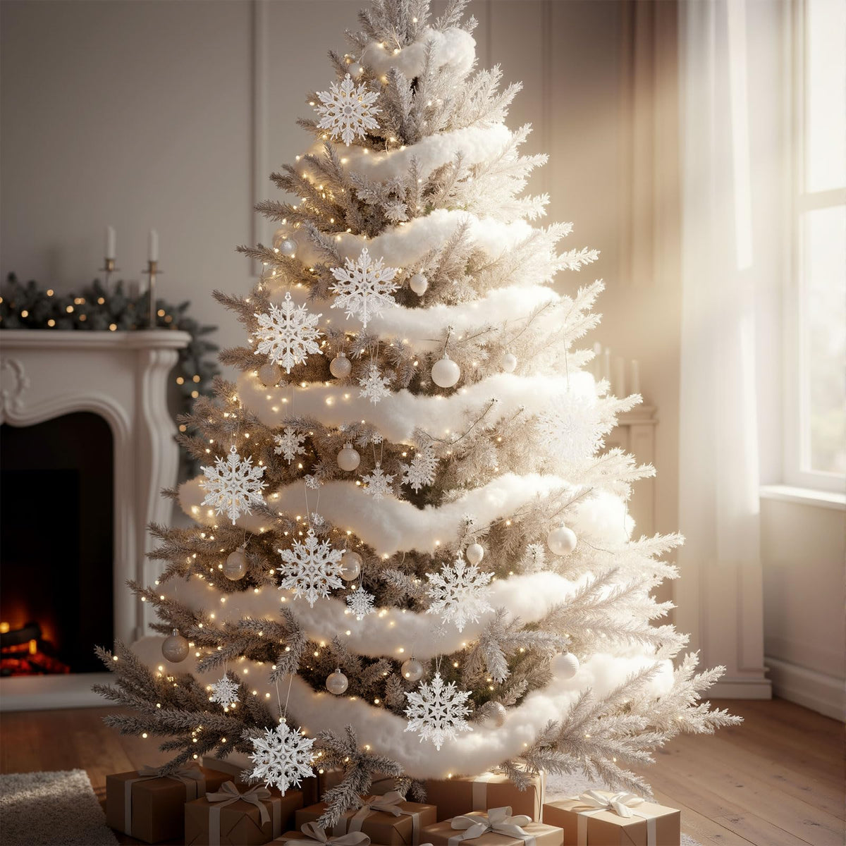Soulchen Winter Tree Decoration Set 36 Pcs White Snowflake Ornament 11.3 oz Artificial Fluffy Snow Fake Cloud Plastic Glitter Snowflake Hanging for Wreath Garland Holiday Indoor Outdoor Wonderland