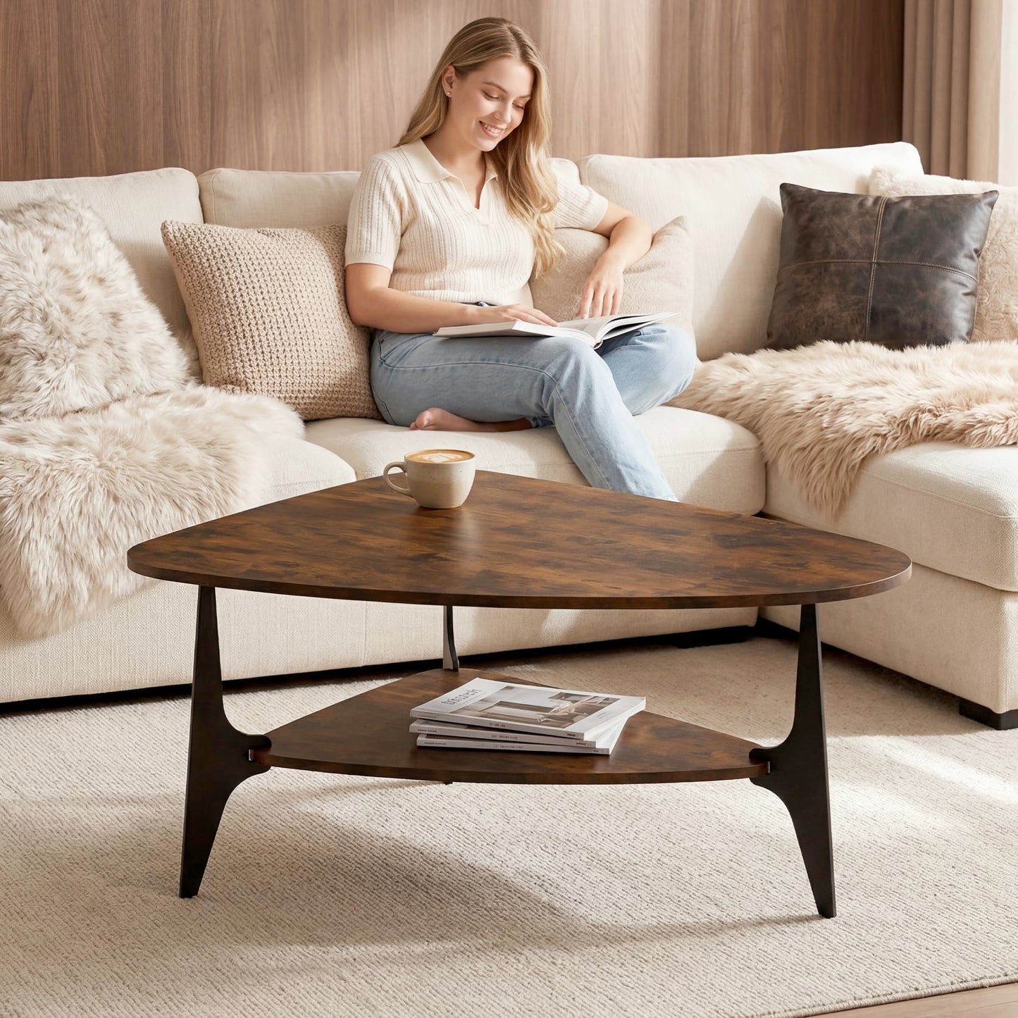 MWOOD Triangle Coffee Table, 33.5″‌ Modern Coffee Table with Storage Shelf, Waterproof Easy to Clean Center Table for Living Room, Apartment, Rustic Brown