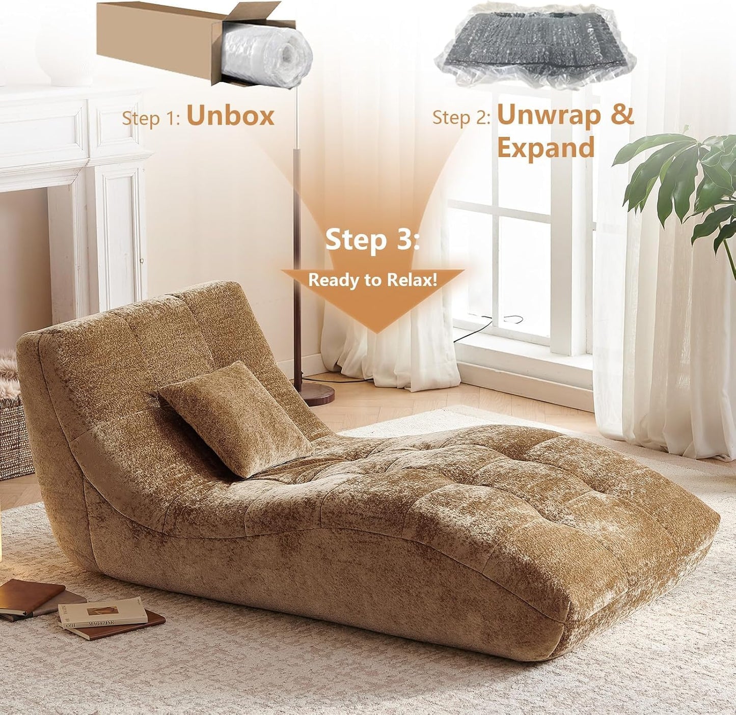 Huadeo Chaise Lounge Chair with Curved Back, Modern Upholstered Recliner Sofa, Tufted Accent Lounger Comfortable Lazy Chair for Bedroom, Apartment (Camel)
