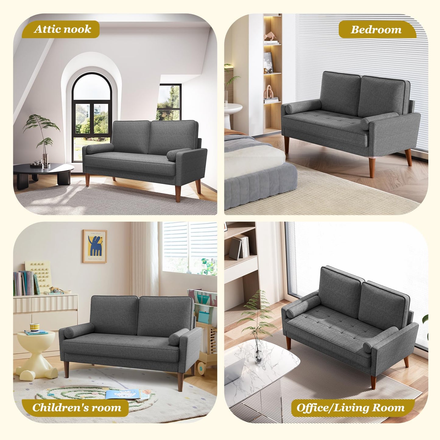 Vesgantti Loveseat Sofa with Solid Wood Legs, 48" Small Couches for Small Spaces, Love Seat for Living Room, Bedroom, Easy Assembly Mid Century Modern Couch with Throw Pillow for Apartment, Grey