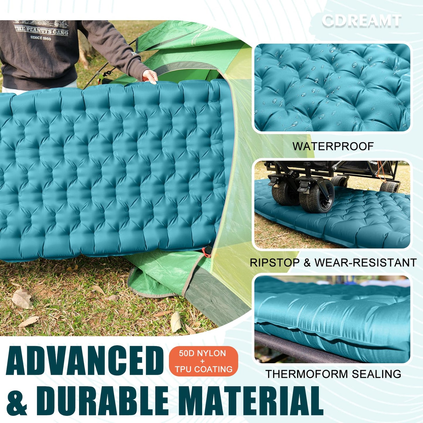 GDREAMT Inflatable Camping Sleeping Pad with Pillow, Extra Thickness 4 Inch Sleeping Mat with Built-in Pump, Compact & Ultralight Camping Air Mattress for Backpacking Hiking Tent Traveling