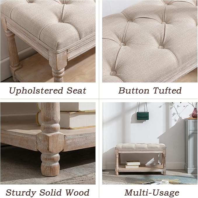 Farmhouse Storage Bench Wooden Entryway Linen Upholstered Ottoman Button Tufted