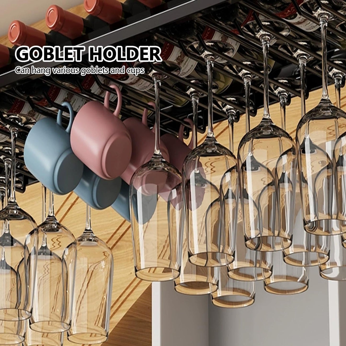 Modern Metal Hanging Wine Bottle Glass Holder, ceiling shelf Wine Racks for Home Bar Display, cafe Wine Bottles Racks, Floating Storage Shelves Wine Cups Hanging rack, wall mounted wine rack.(Brown,60