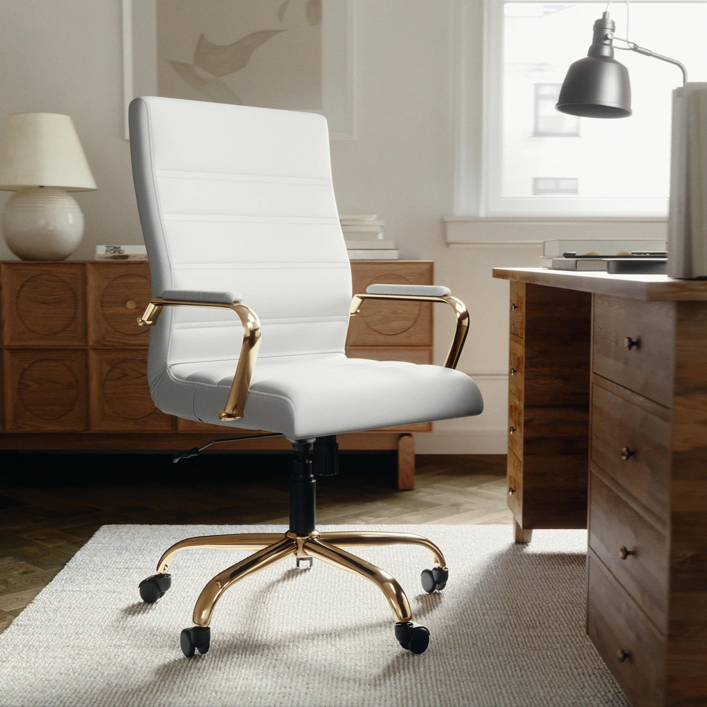 Flash Furniture Whitney Mid-Back Swivel LeatherSoft Desk Chair with Padded Seat and Armrests, Adjustable Height Padded Office Chair, 27"D x 26"W x 43"H, White/Gold