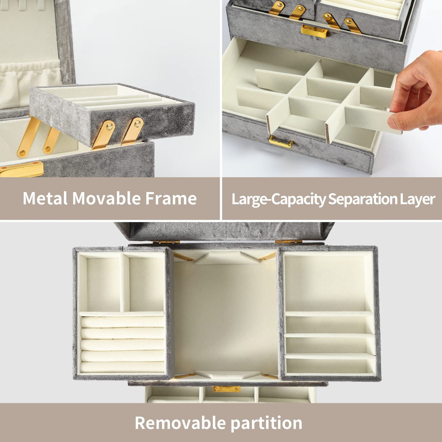 Dajasan Jewelry Organizer Box, Large Velvet Jewelry Boxes for Women Girls, Space-Saving 3 Layers Jewelry Storage Case with Drawer, Movable Metal Stand, Modern, Gift Idea (Grey)