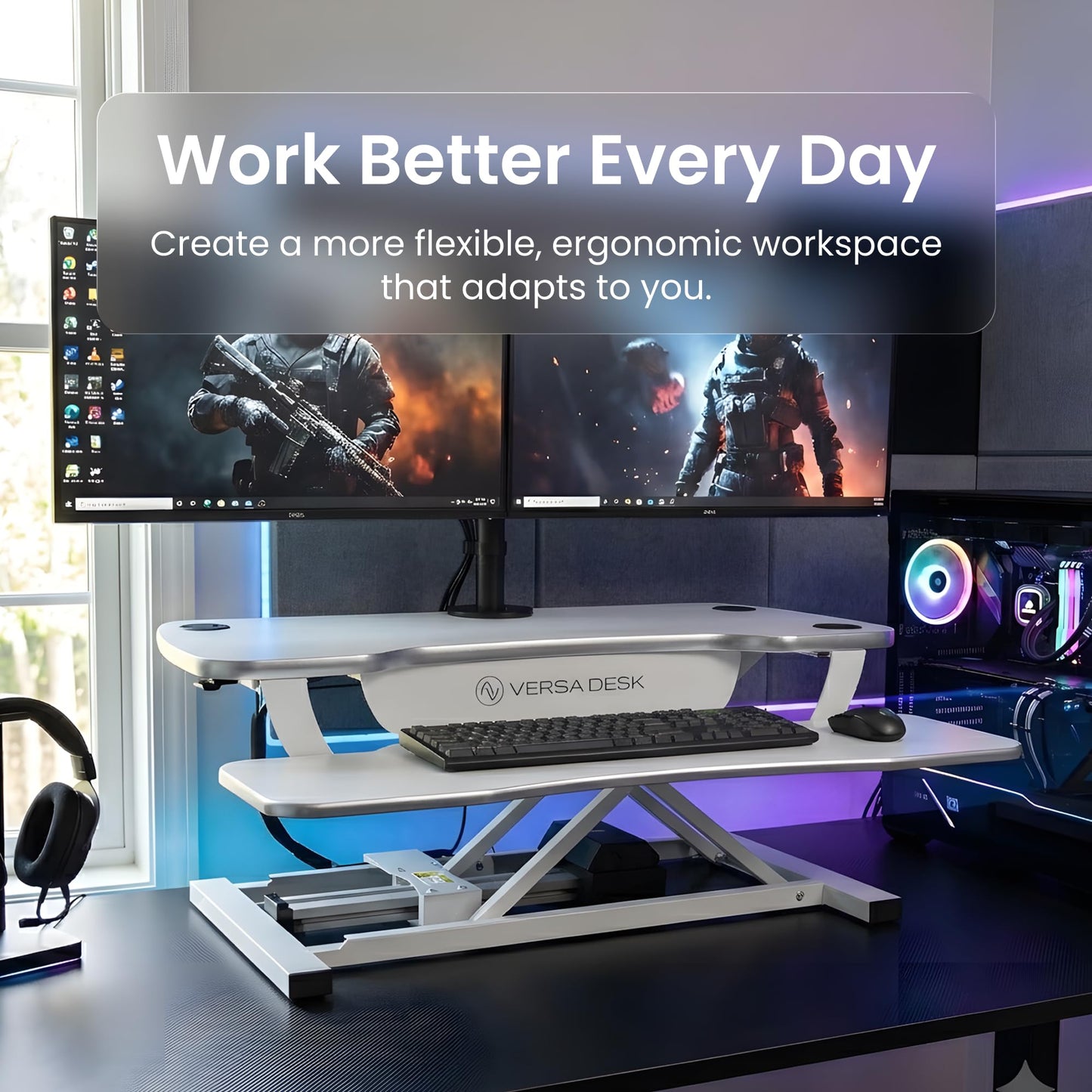 VERSADESK PowerPro 40 Inch Electric Standing Desk Converter – Push-Button Height Adjustable Sit to Stand Desk Riser for Triple Monitors & Laptop – Motorized Desktop Workstation with Wide Keyboard Tray