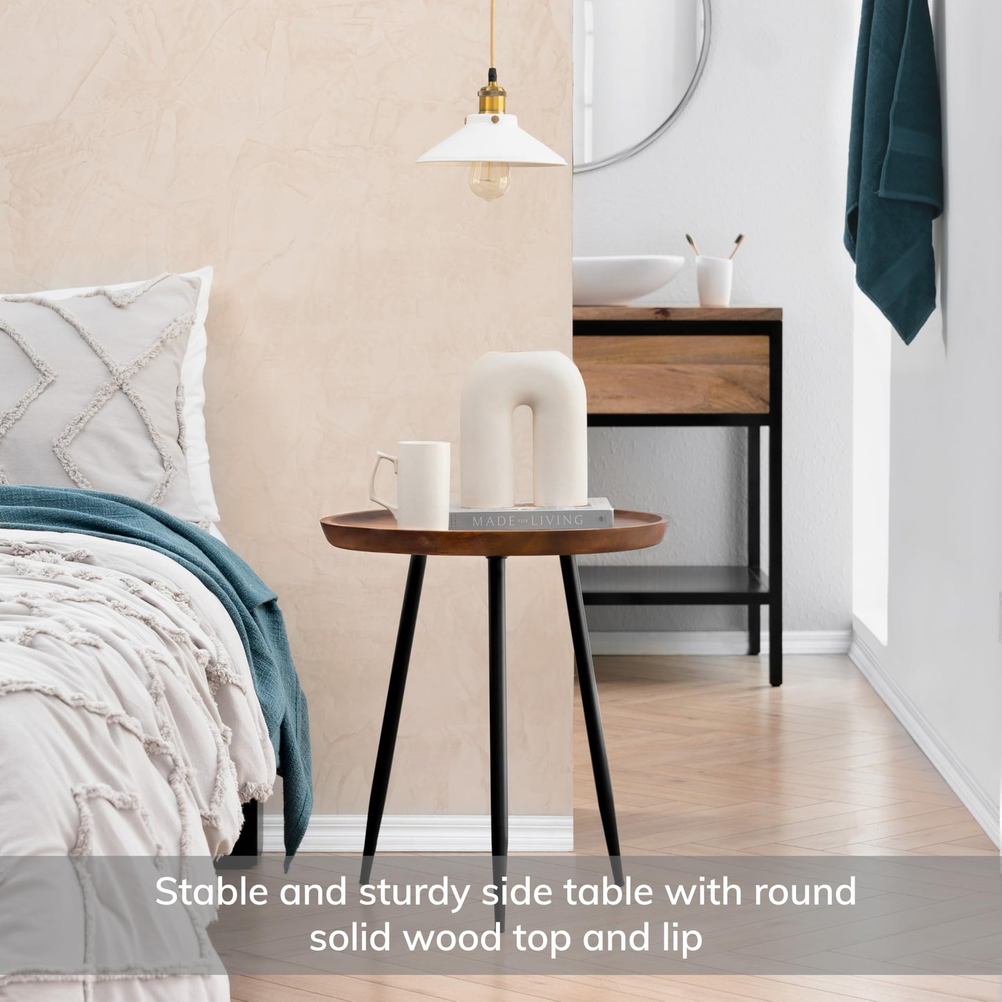 MH London Modern Side Table-Dilan Tri Pin End Table. Exclusively Designed Hand-Crafted Small Nightstand. Solid Wood Round End Table.Contemporary Accent Table for Bedrooms, Living Rooms and Home Office