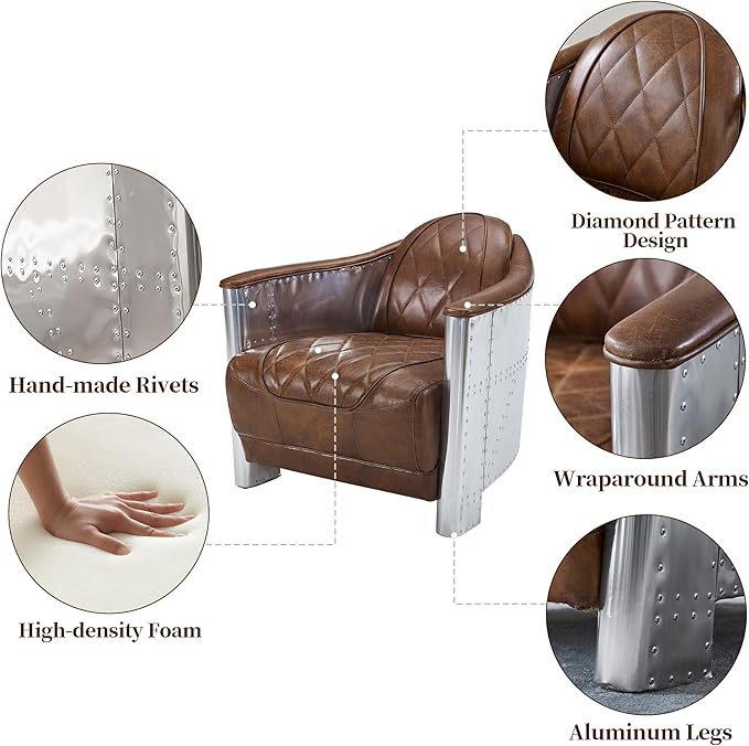 Art Leon Genuine Leather Accent Chair, Mid Century Industrial Armchair