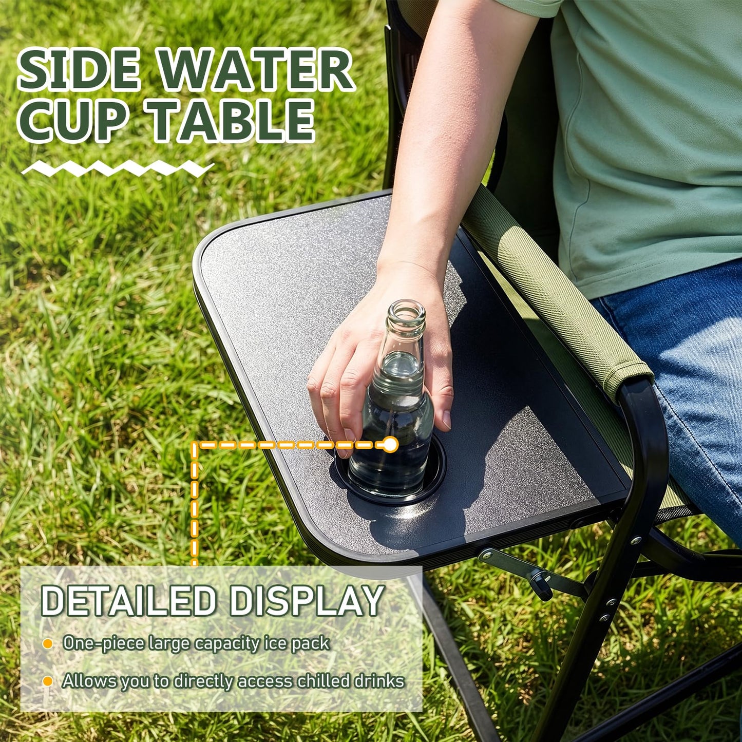 Outvita Heavy Duty Folding Camping Director Chair with Insulated Cooler Bag, Side Table & Cup Holder, 300LBS Sturdy Portable Chair for Camping Fishing Tailgating Backyard BBQ